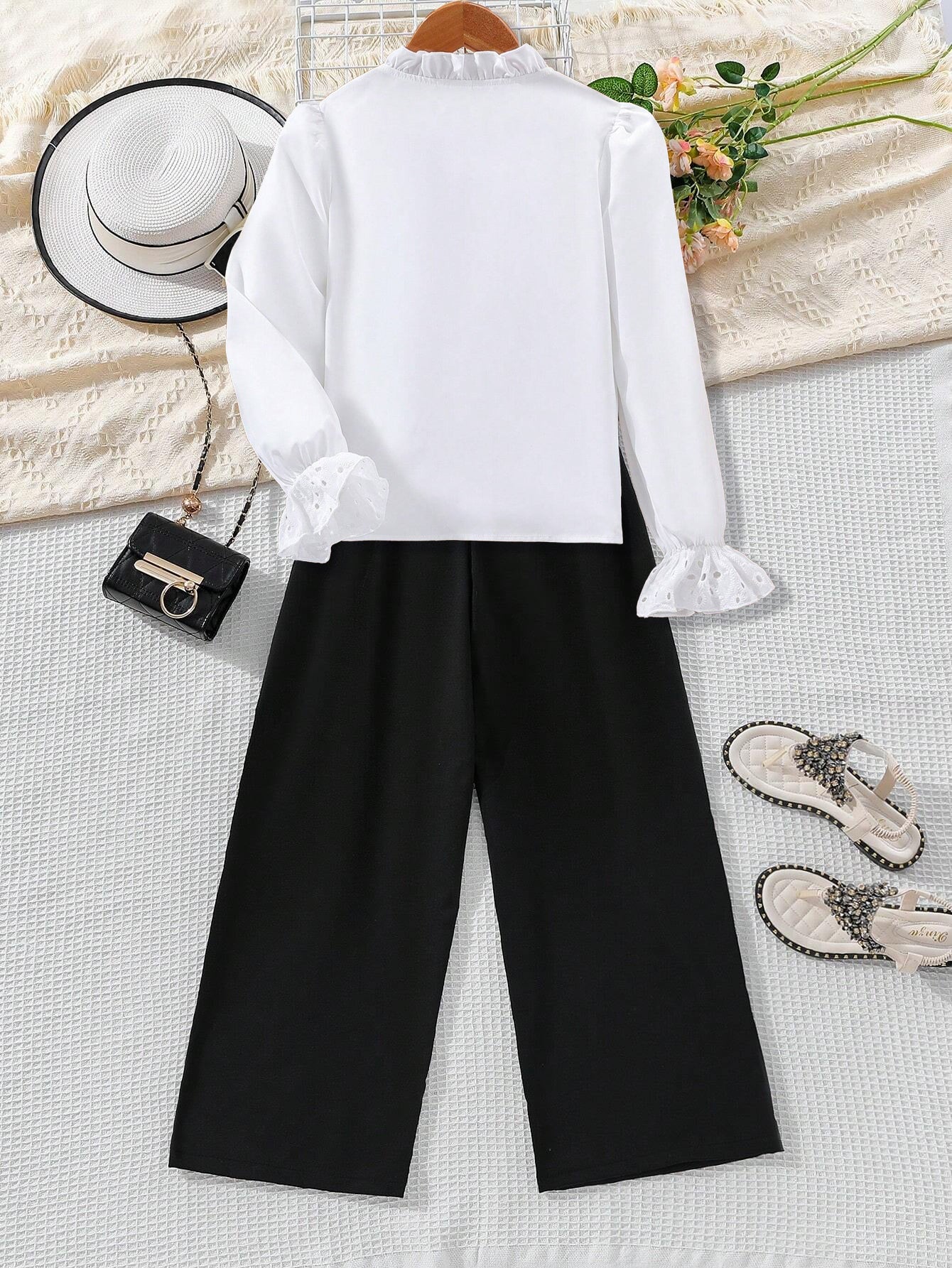 Girls' Lace Trim Blouse & High-Waisted Wide-Leg Pants Set Wholesale