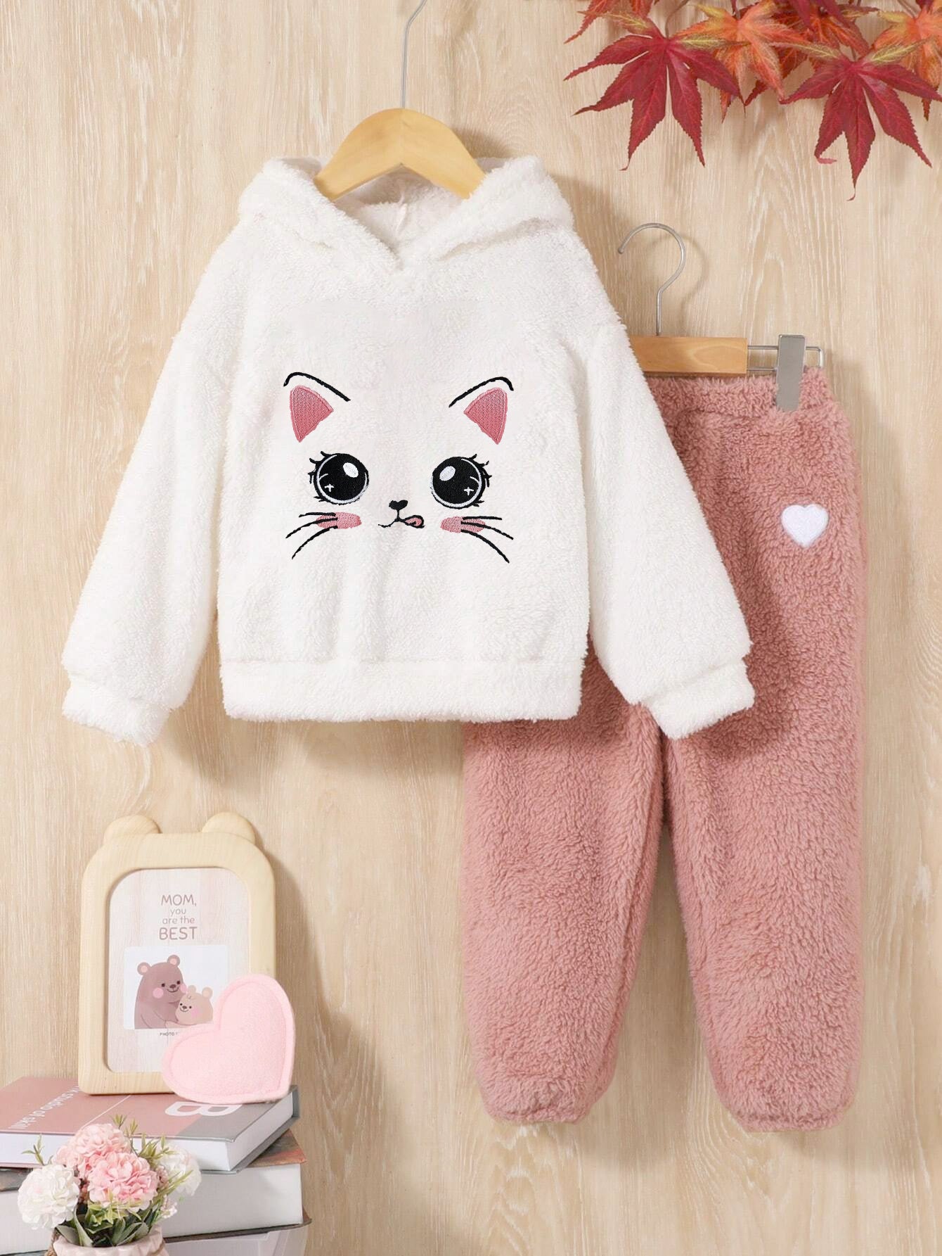 Girls' Fuzzy Cat Hoodie & Plush Jogger Set Wholesale
