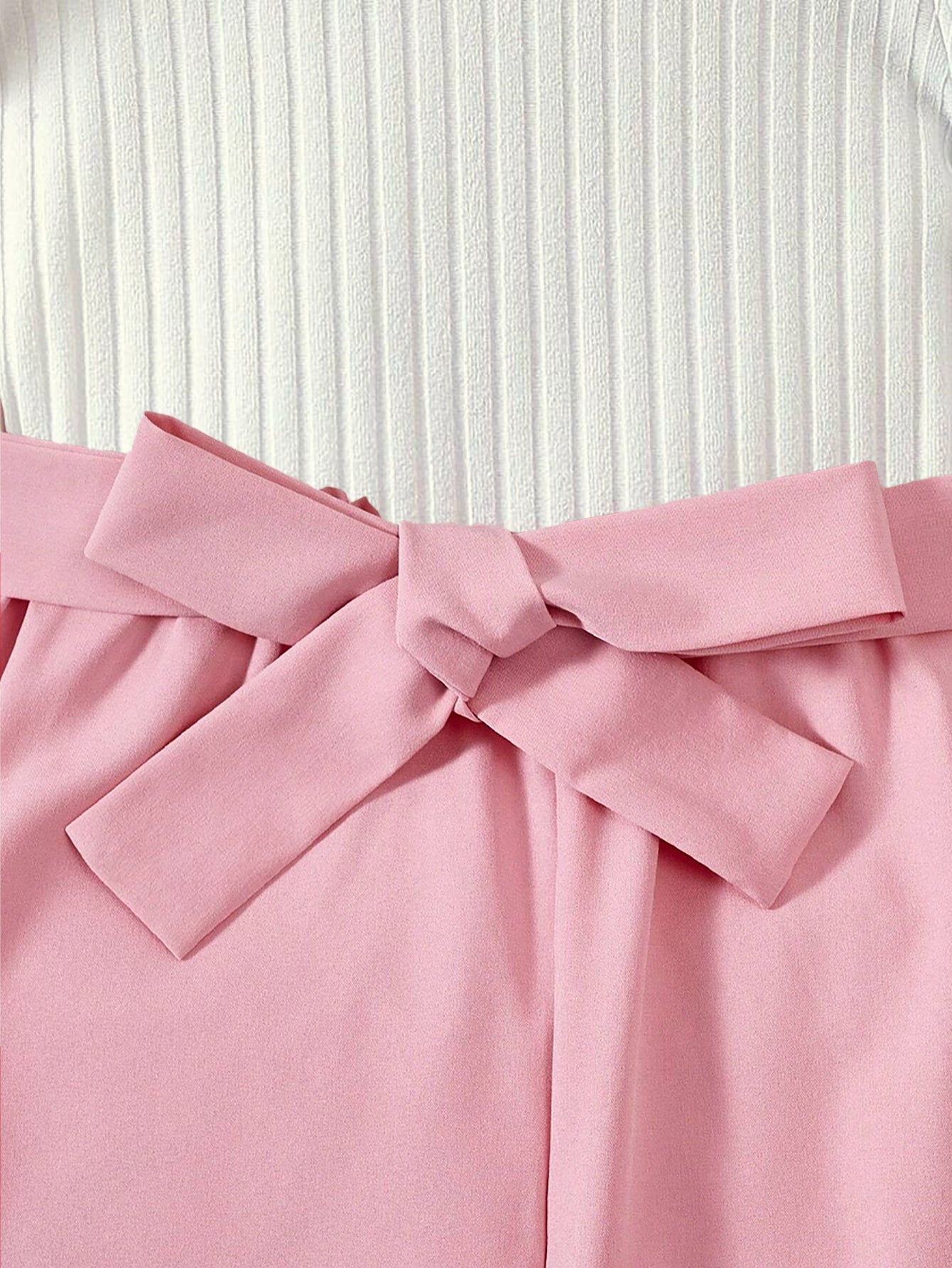 Girls'Ribbed Top & High-Waisted Belted Pants Set Wholesale