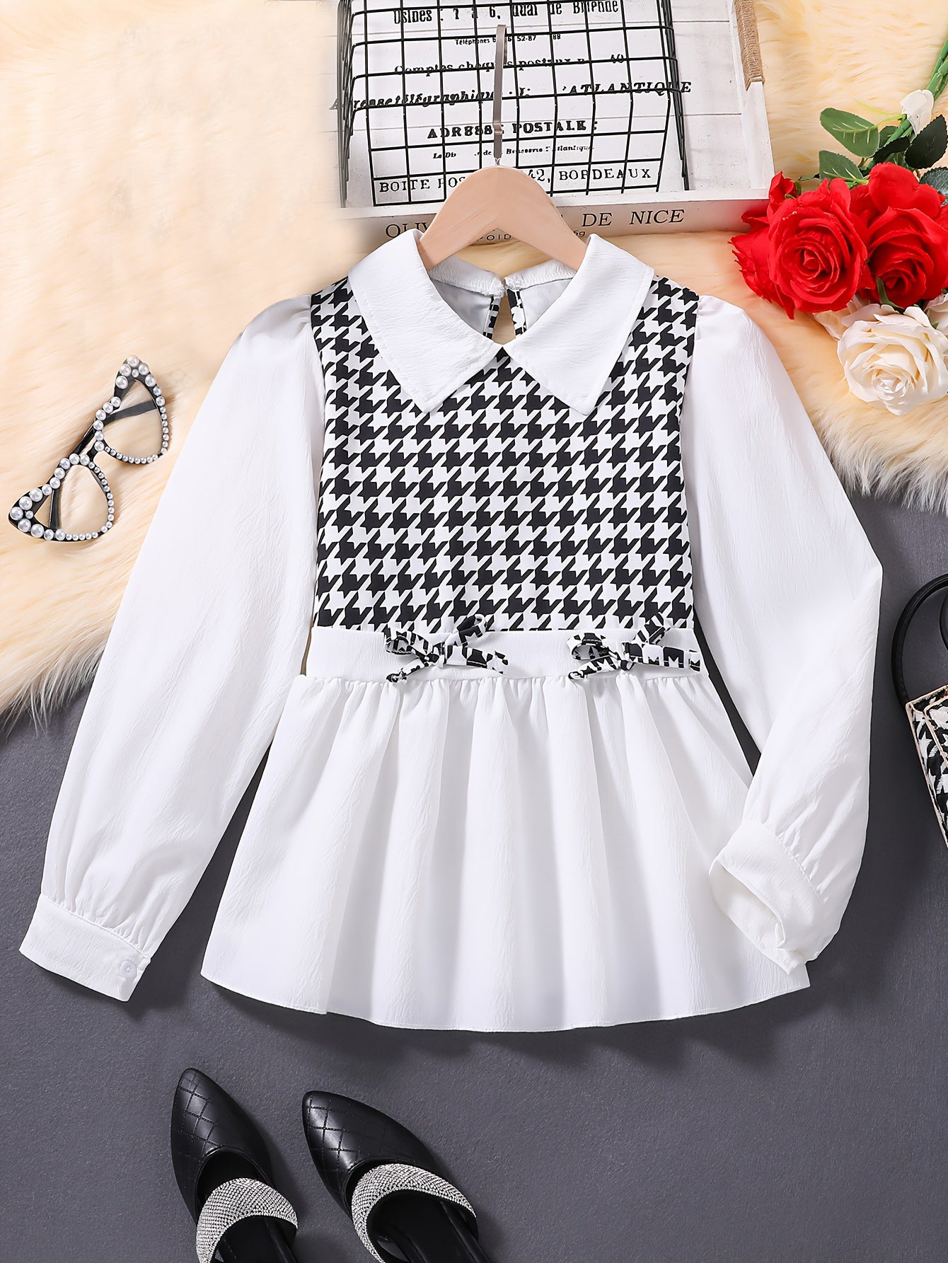 Girls' Houndstooth Peplum Top and Flared Pants Set Wholesale
