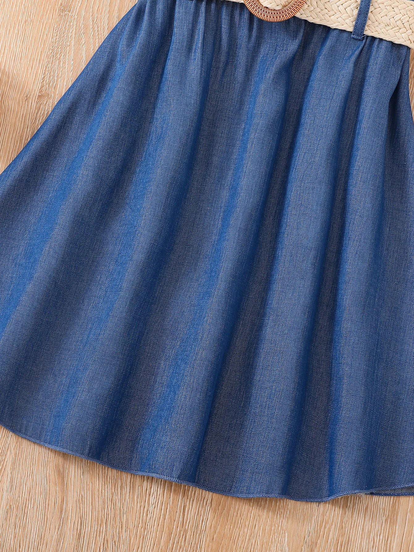 Girls' Faux Denim & Lace Summer Dress with Woven Belt Wholesale