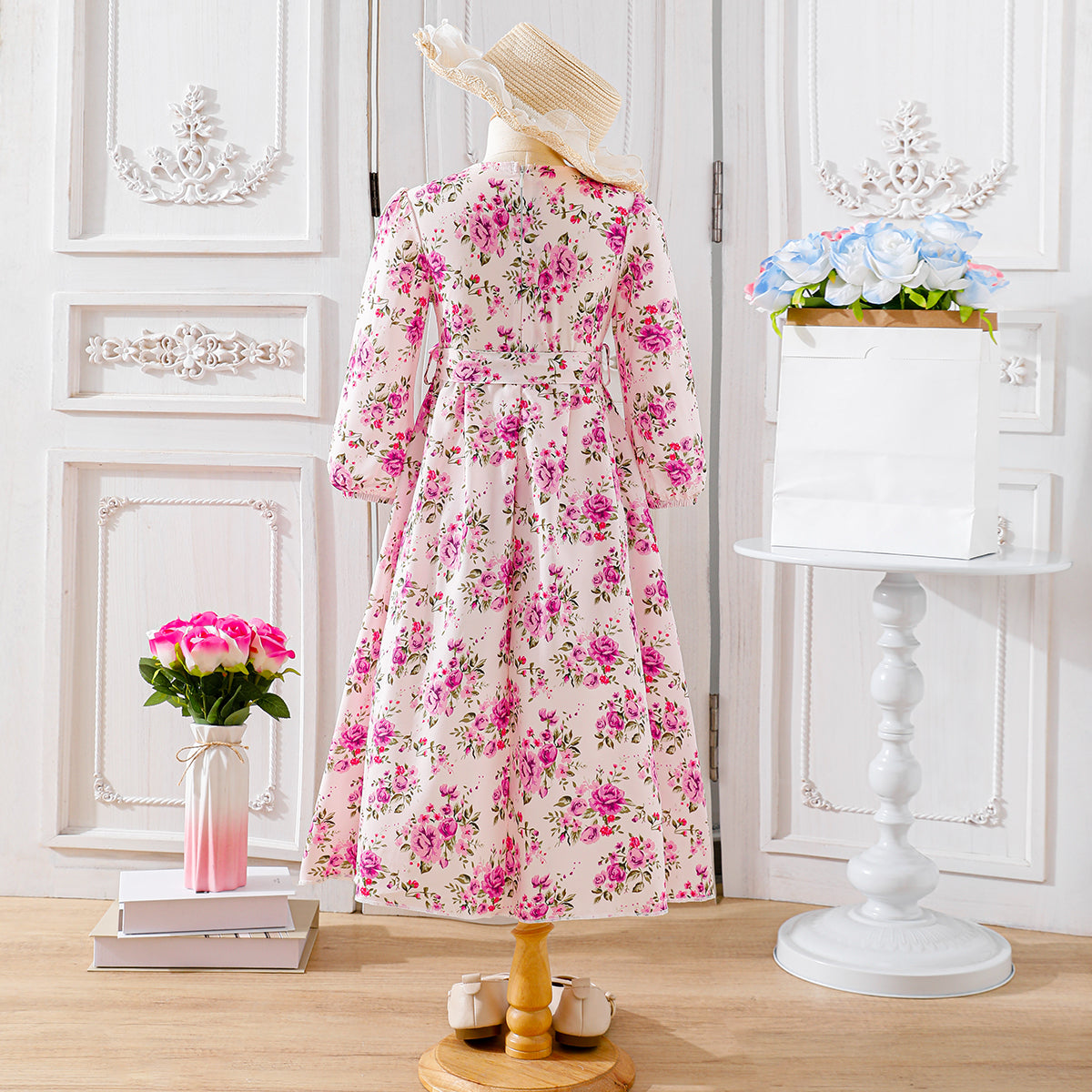 Girls' Pink Floral Long-Sleeve Maxi Dress Wholesale