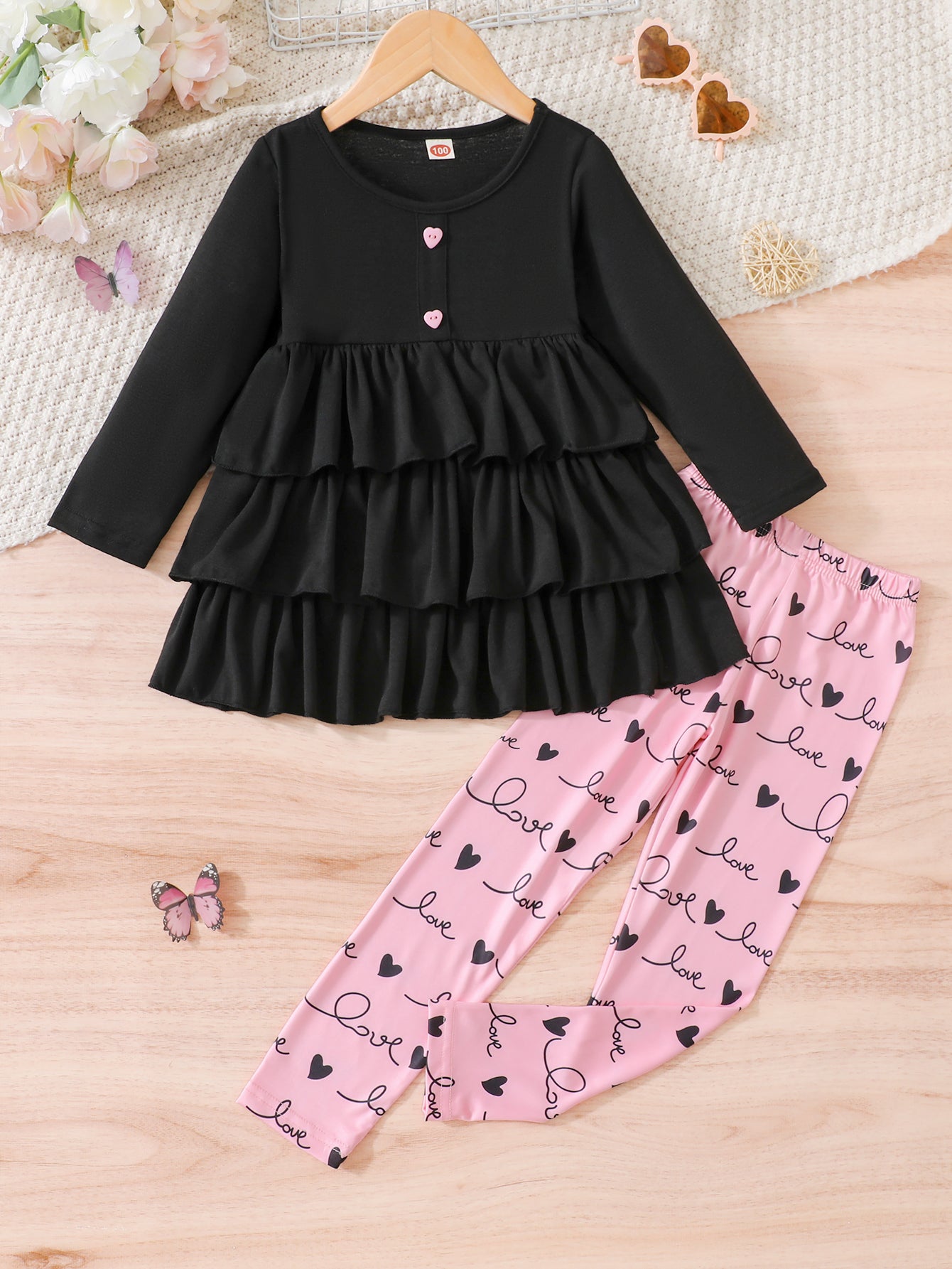 Girls' Black Ruffle Top & Pink Leggings Set Wholesale