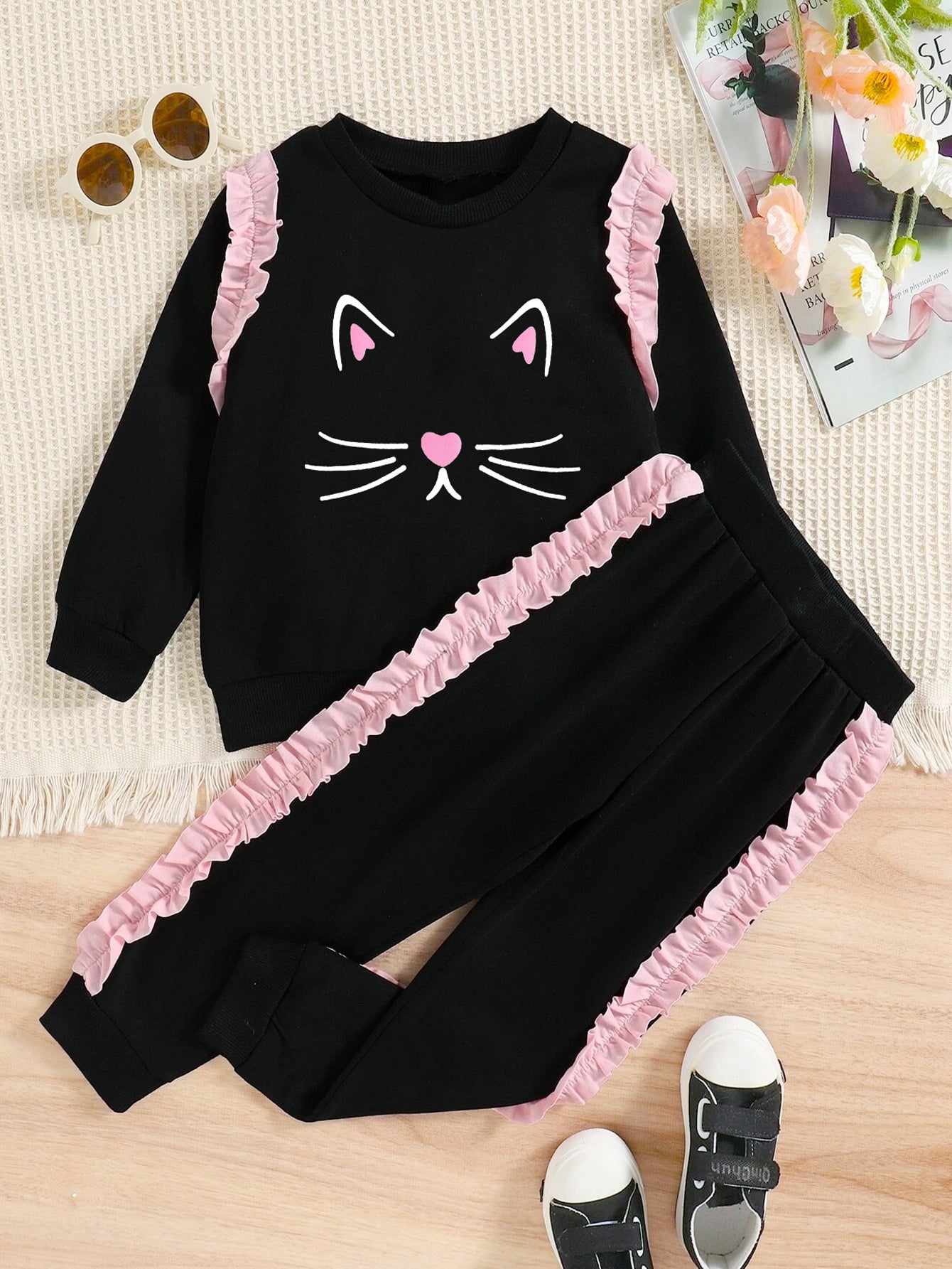 Cute Cat Face Sweatshirt & Ruffled Jogger Set for Girls Wholesale