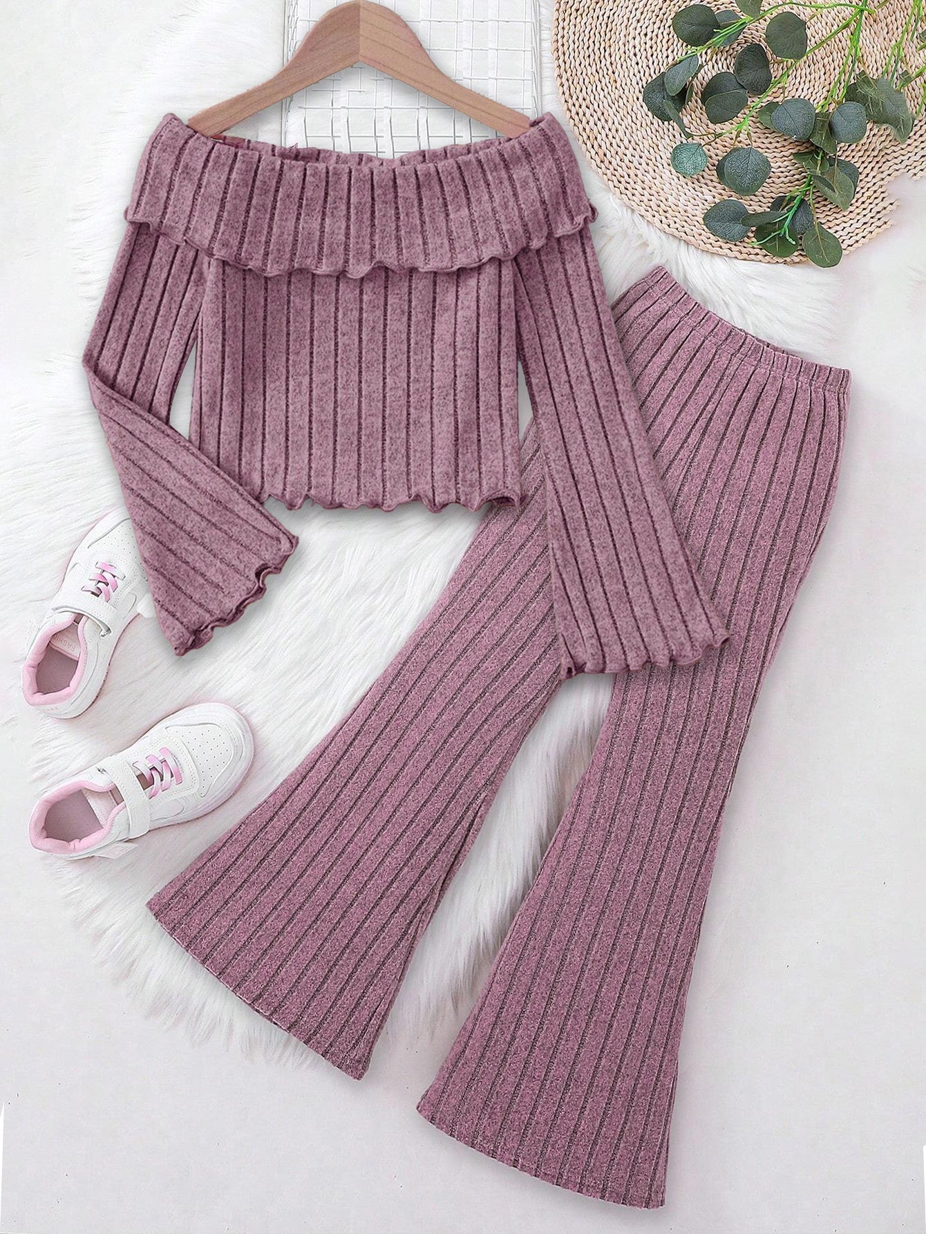 Girls' Ribbed Off-Shoulder Top & Flared Pants Set Wholesale