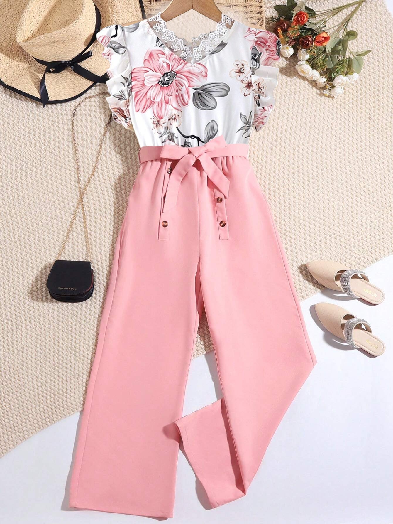 Girls' Floral Lace Top with High-Waisted Pink Pants Set Wholesale