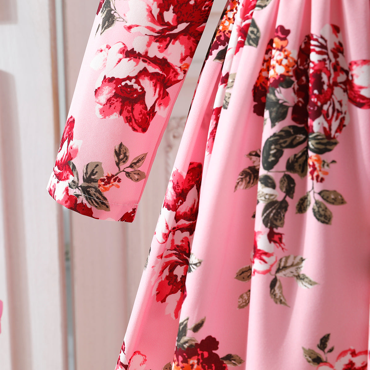 Girls' Pink and Red Floral Long-Sleeve Maxi Dress Wholesale