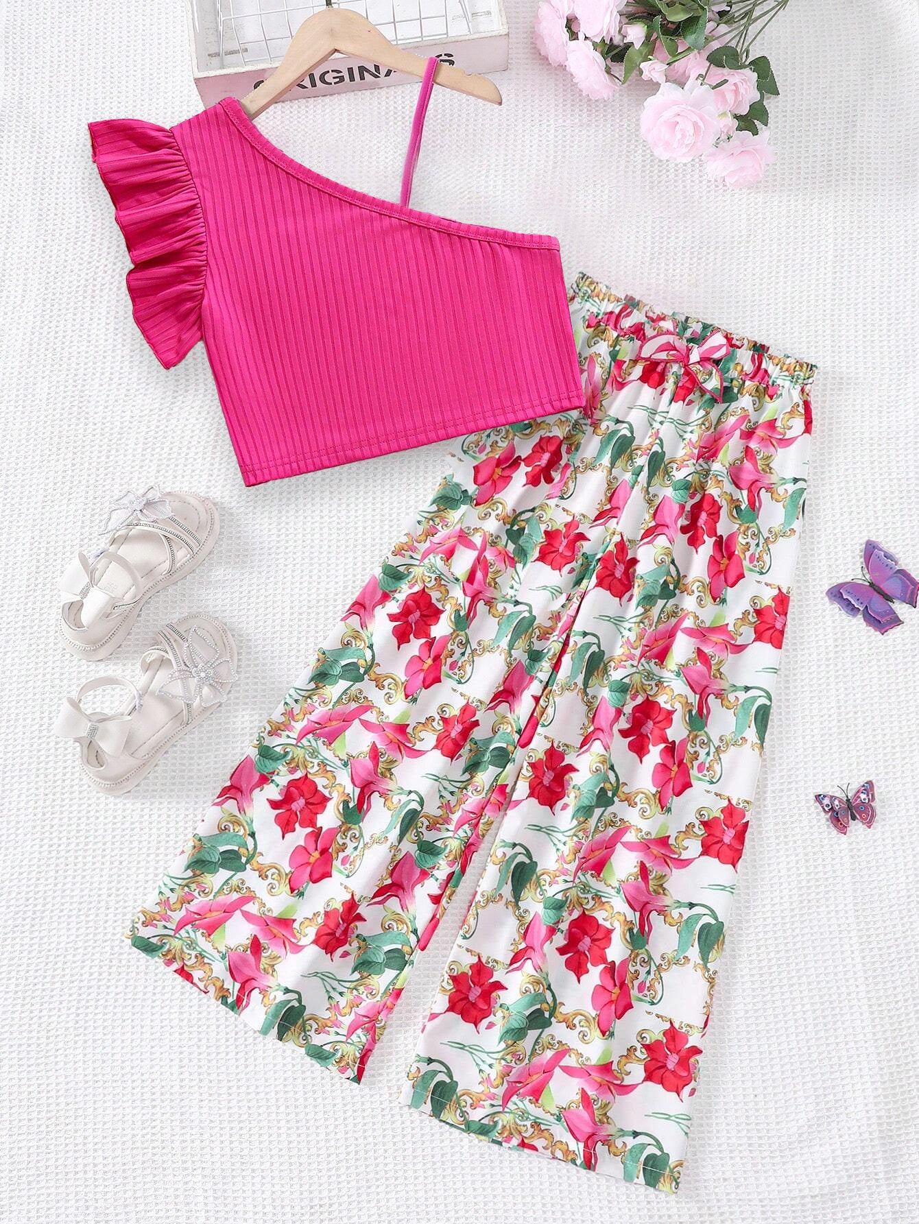 Bright Pink One-Shoulder Top & Floral Wide-Leg Pants Set Wholesale