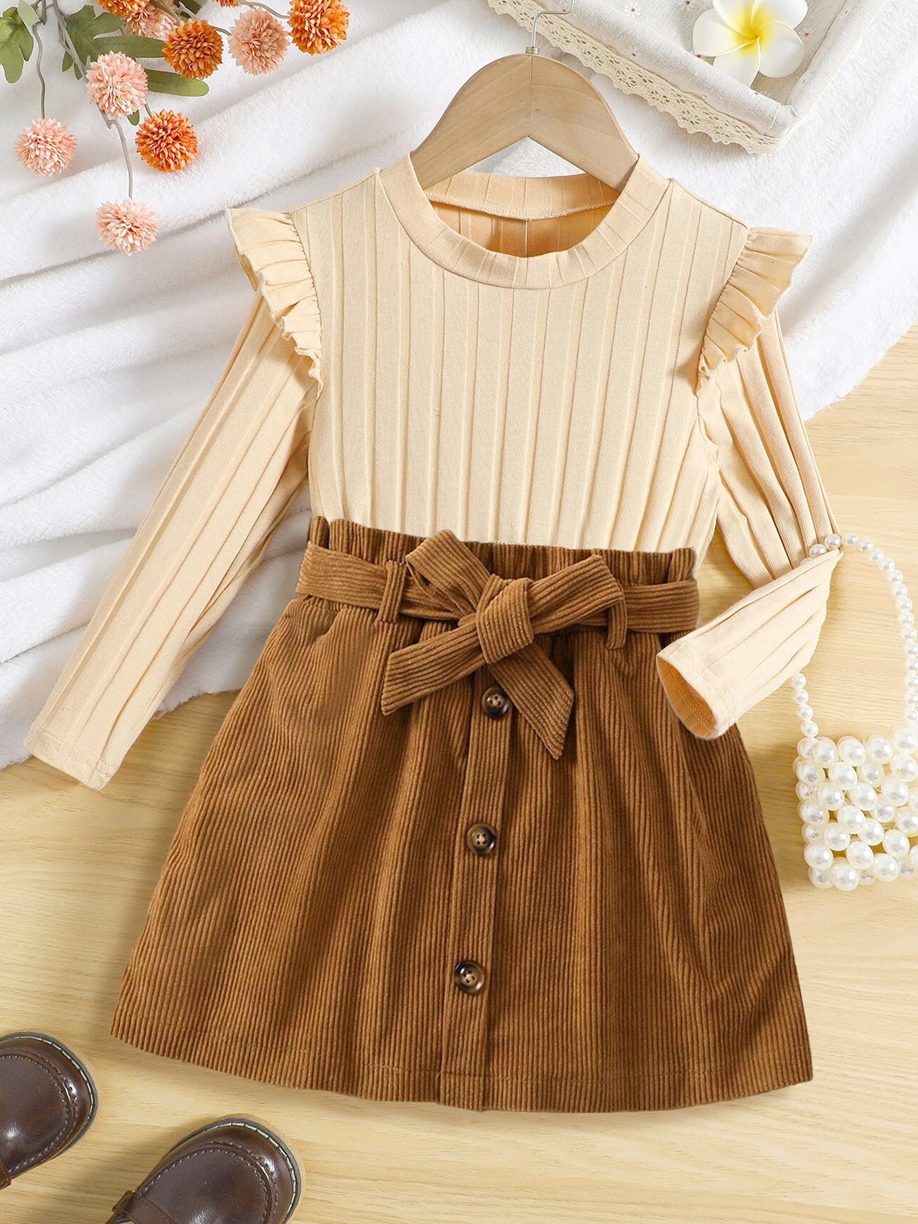 Girls' Ruffle Sleeve Ribbed Top & Corduroy Button Skirt Set Wholesale