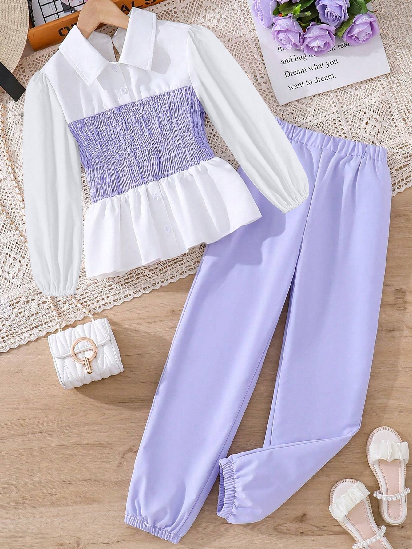 Girls' Smocked Peplum Blouse and Elastic Waist Pants Set Wholesale