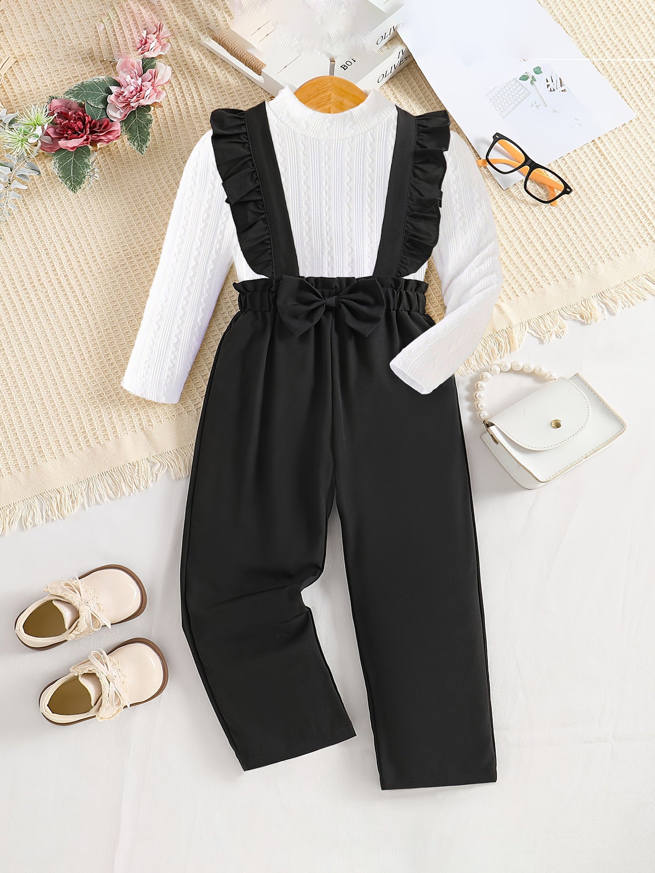 Girls' Ruffled Suspender Pants & Ribbed Knit Top Set Wholesale