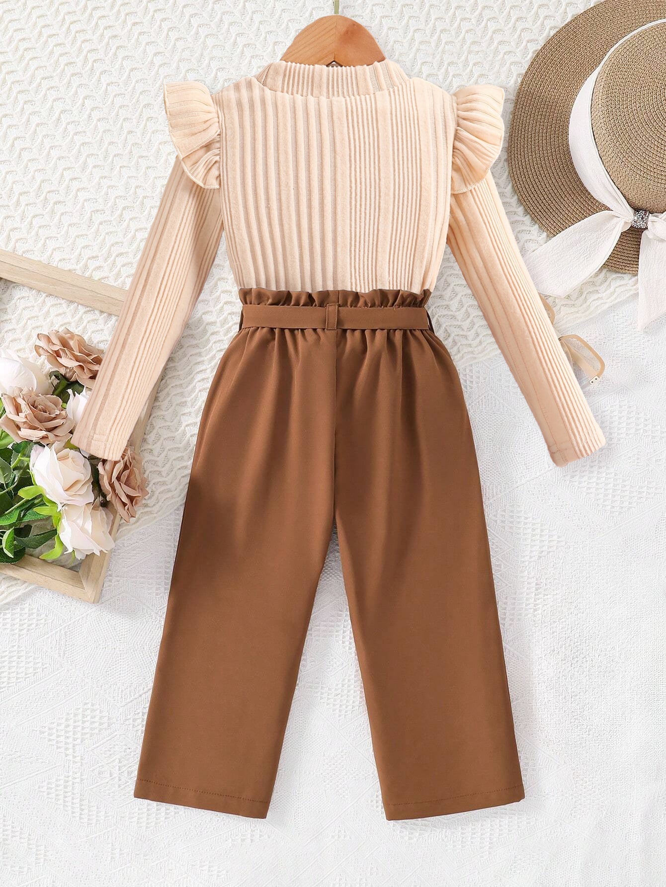 Long-sleeve ruffle-trim top and solid color pants