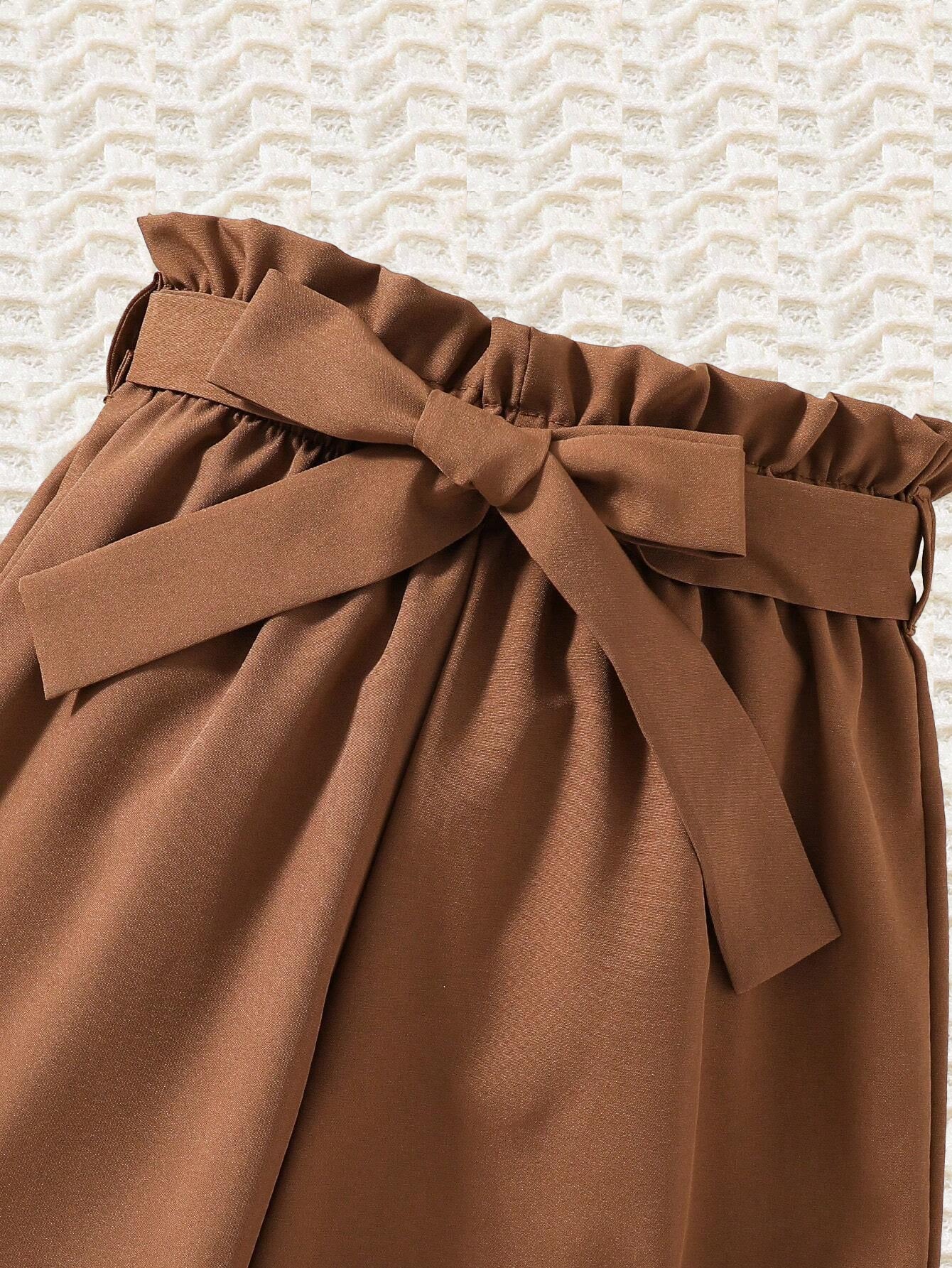Long-sleeve ruffle-trim top and solid color pants