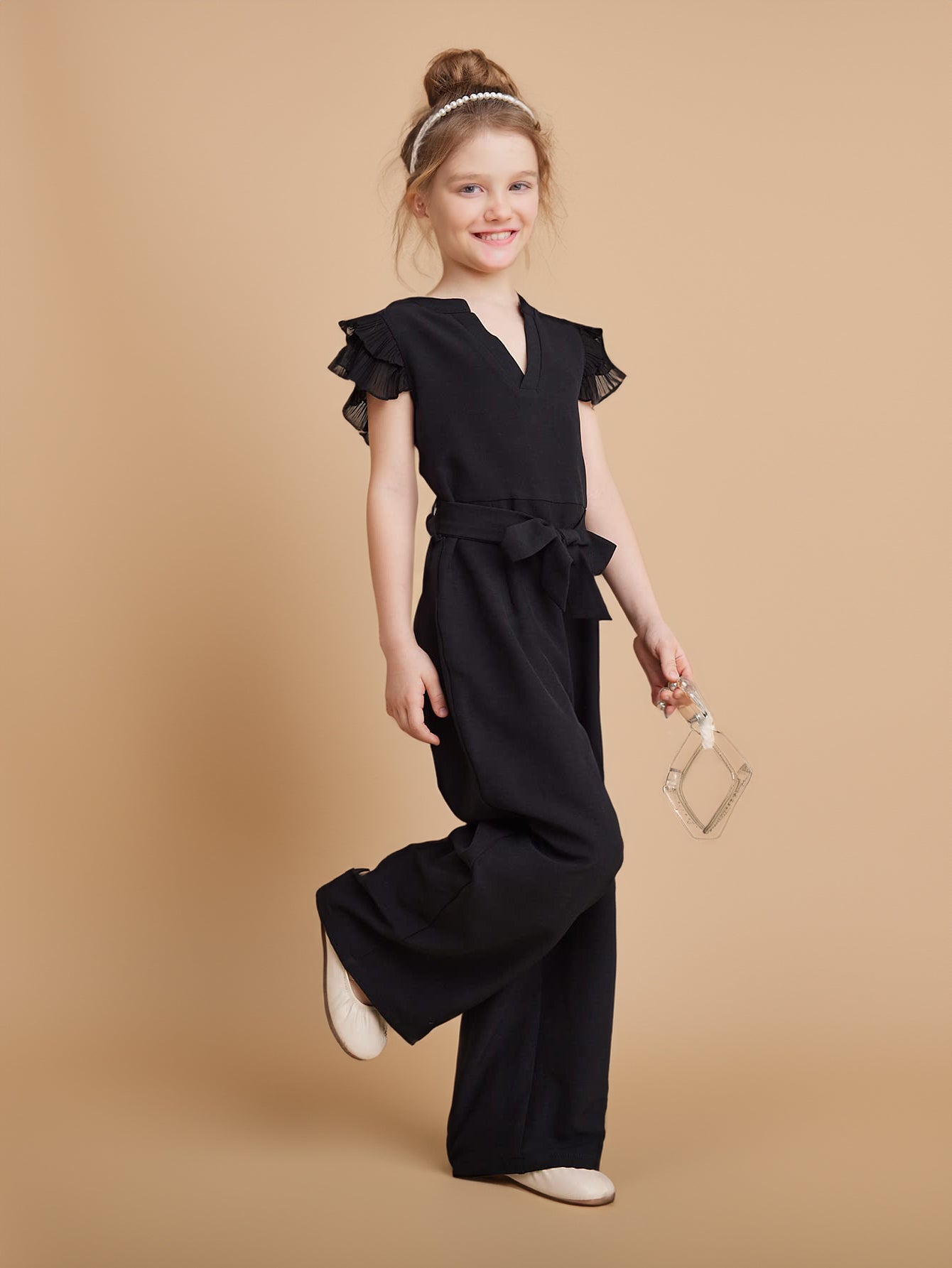 Chic Black Jumpsuit with Ruffle Sleeves for Girls Wholesale