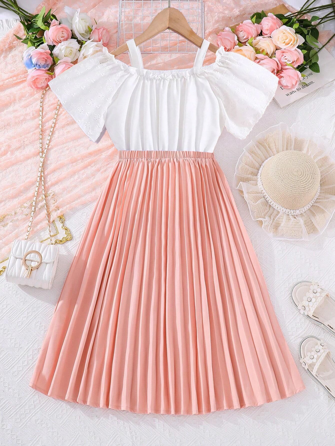 Girls' Off-Shoulder Eyelet Top & Pleated Skirt Set Wholesale