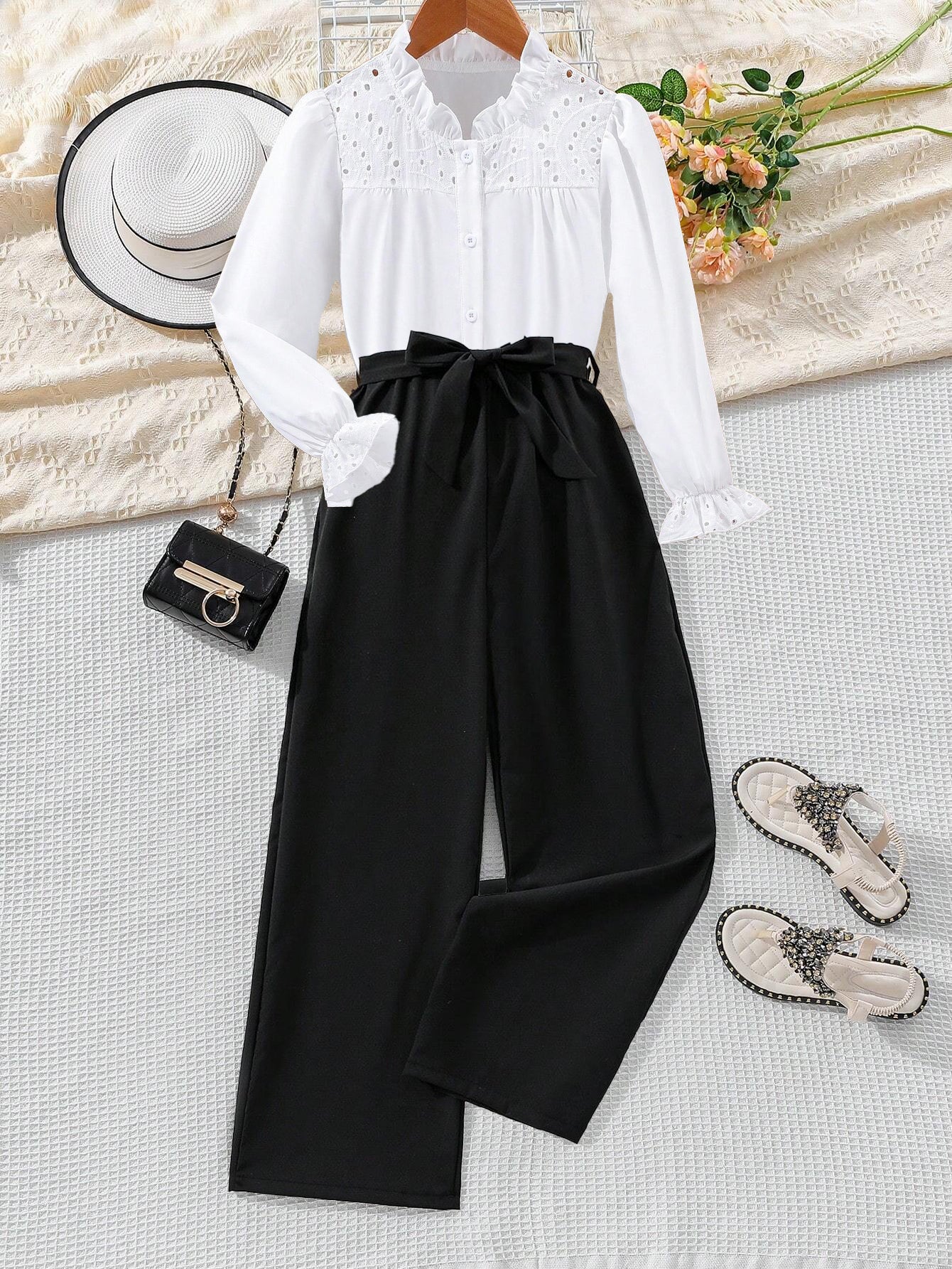 Girls' Lace Trim Blouse & High-Waisted Wide-Leg Pants Set Wholesale