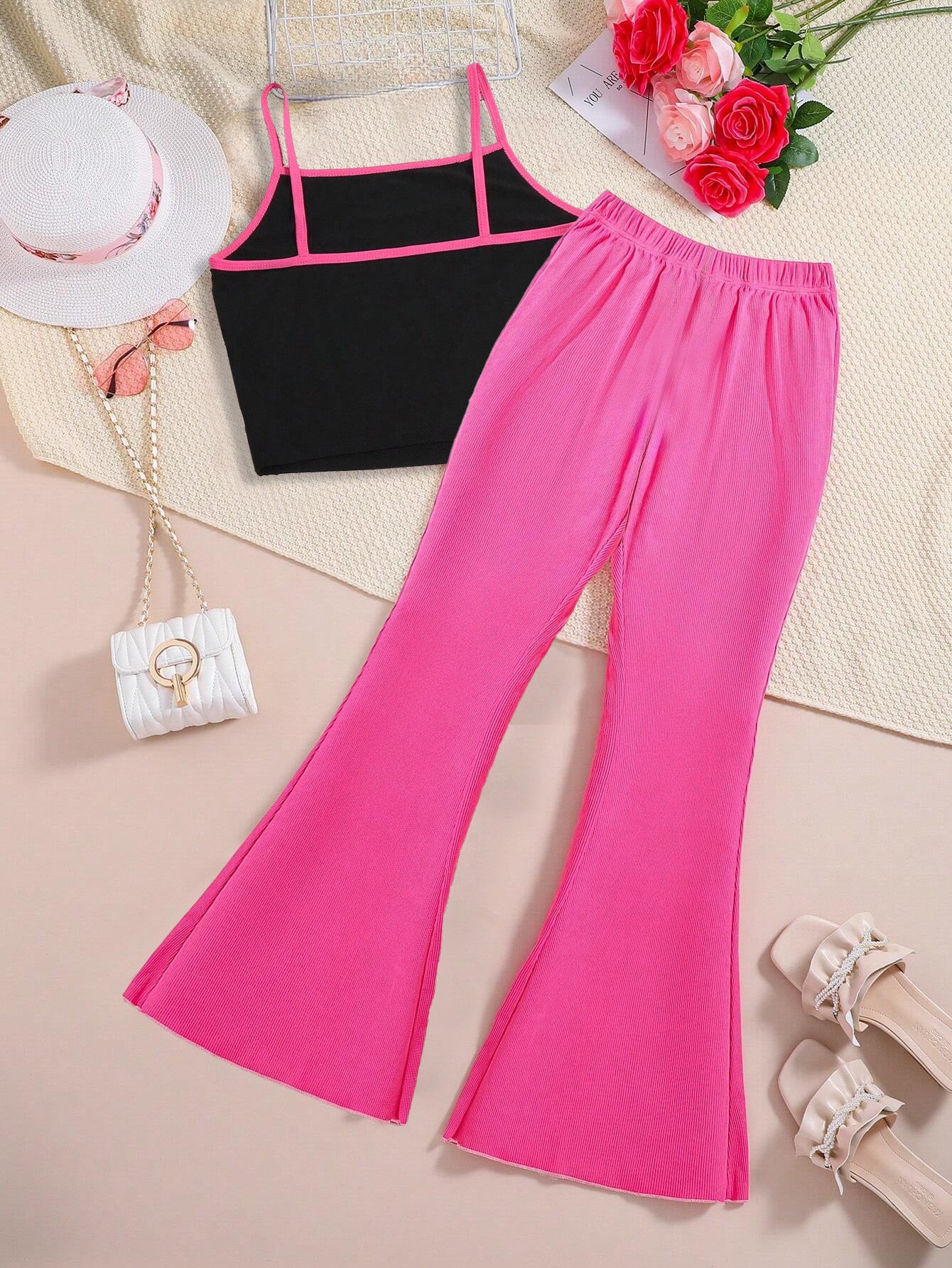 Girls'tank Top & Flared Pink Pants Set Wholesale