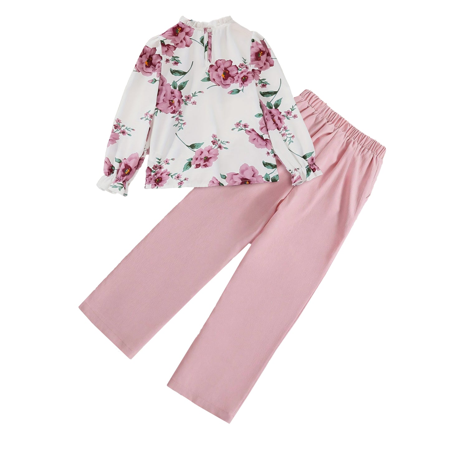 Girls' Floral Ruffle Blouse & Pink High-Waisted Pants Set Wholesale