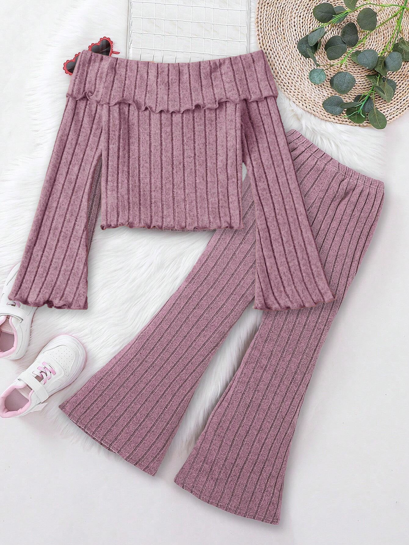 Girls' Ribbed Off-Shoulder Top & Flared Pants Set Wholesale