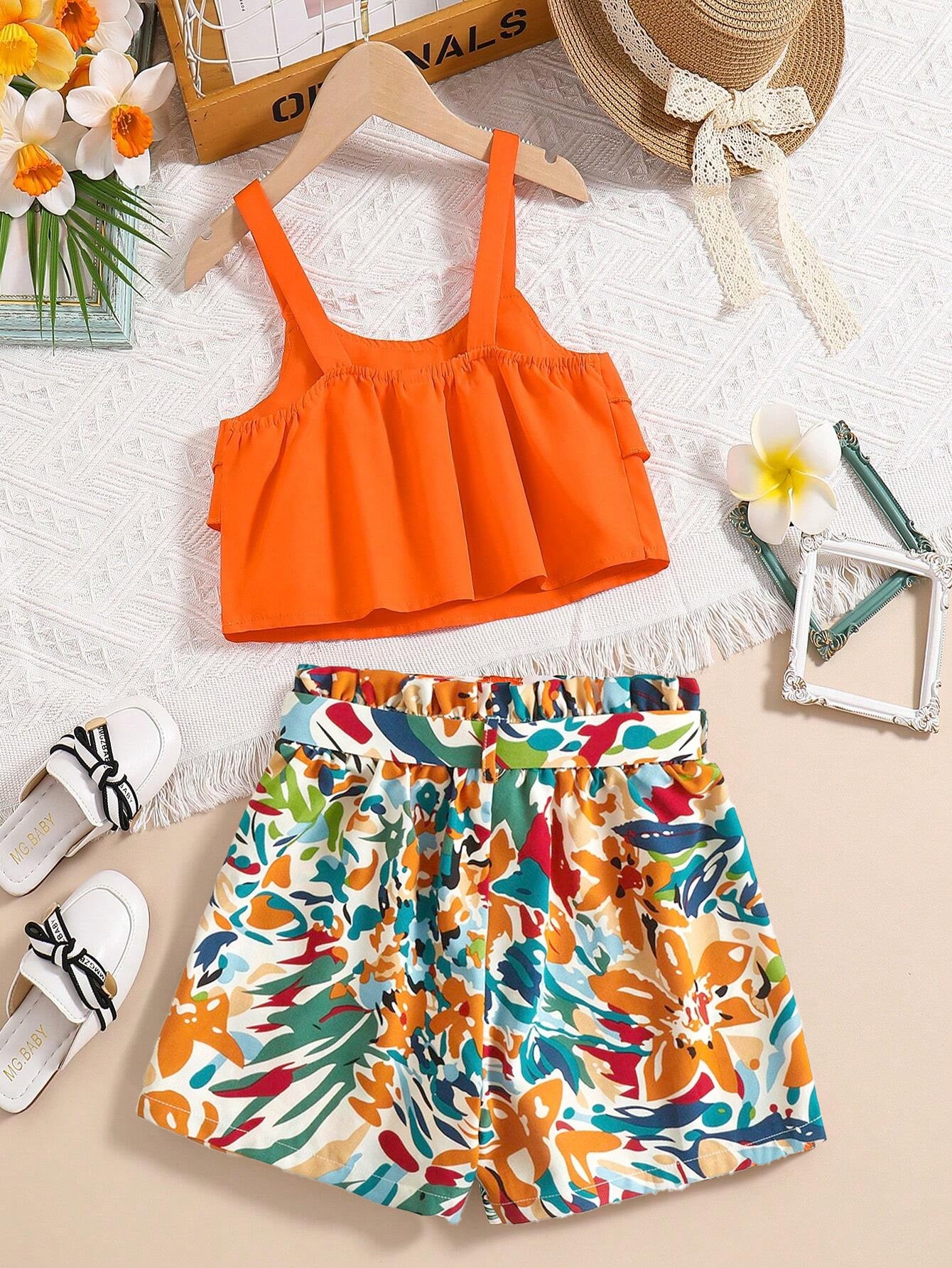 Girls' Tropical Ruffle Tank Top and Floral Shorts Set Wholesale