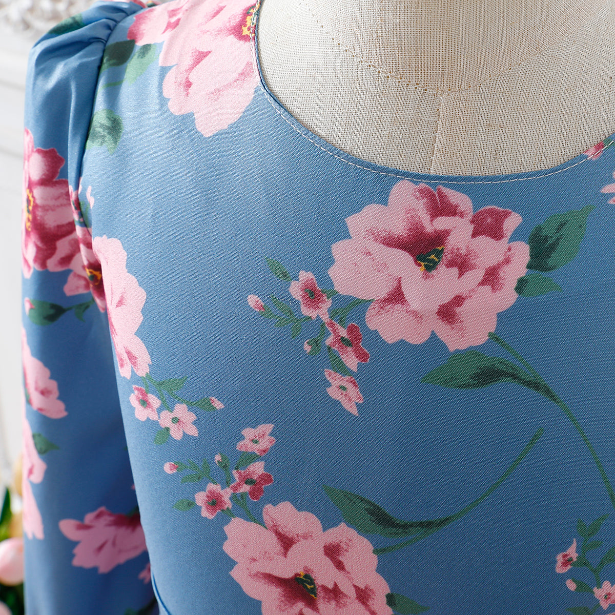 Girls' Blue Floral Long-Sleeve Maxi Dress with Waist Bow Wholesale