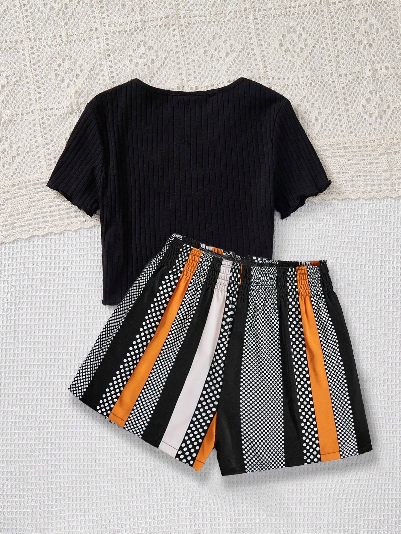 Girls' Trendy Striped & Polka Dot Shorts Set Wholesale