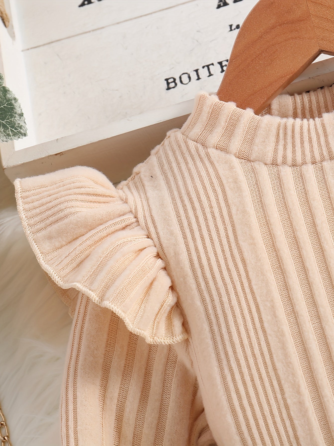 Long-sleeve ruffle-trim top and solid color pants