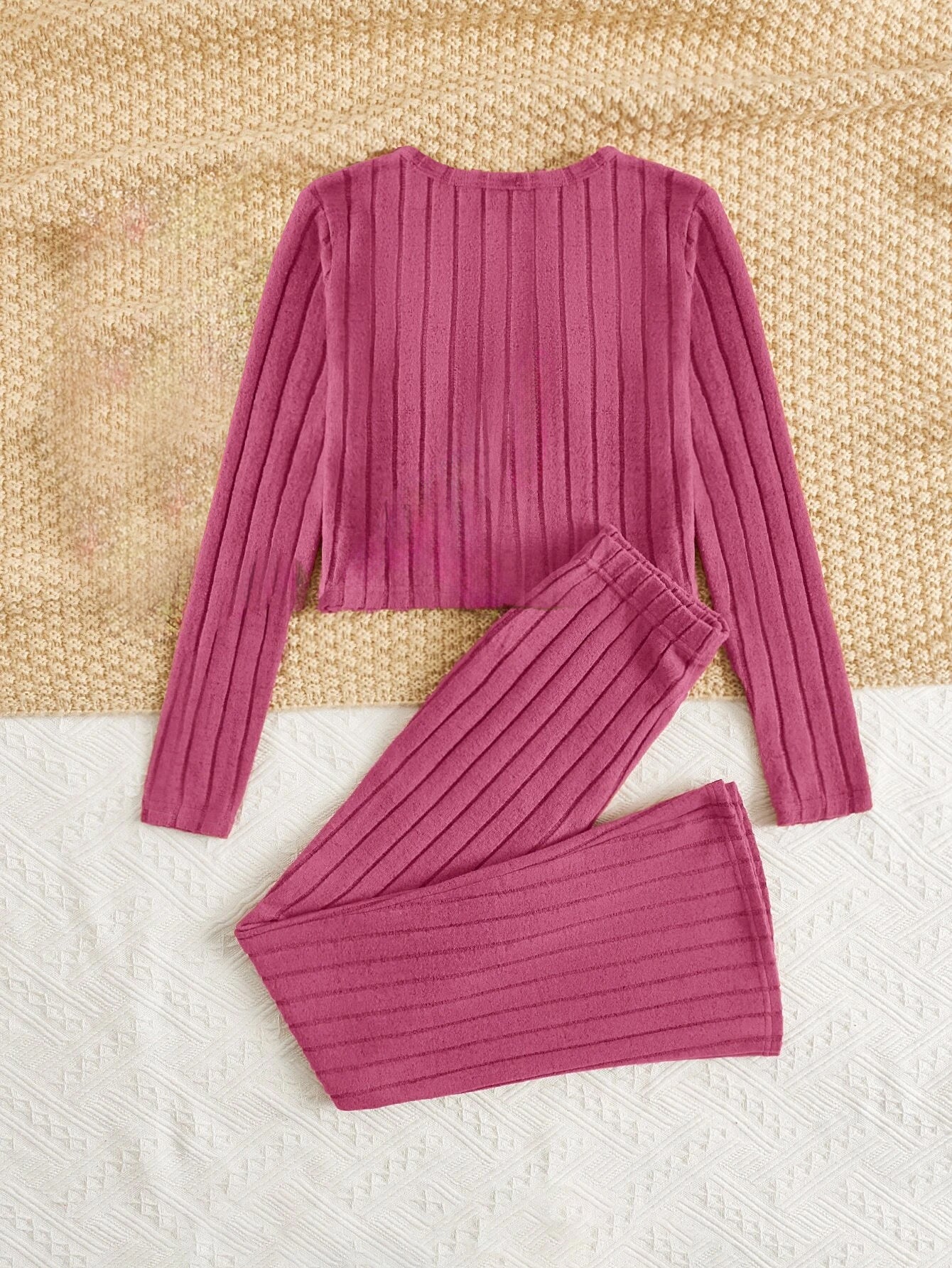 Wholesale Girls' Cozy Ribbed Knit Cardigan & bell bottoms pant Set