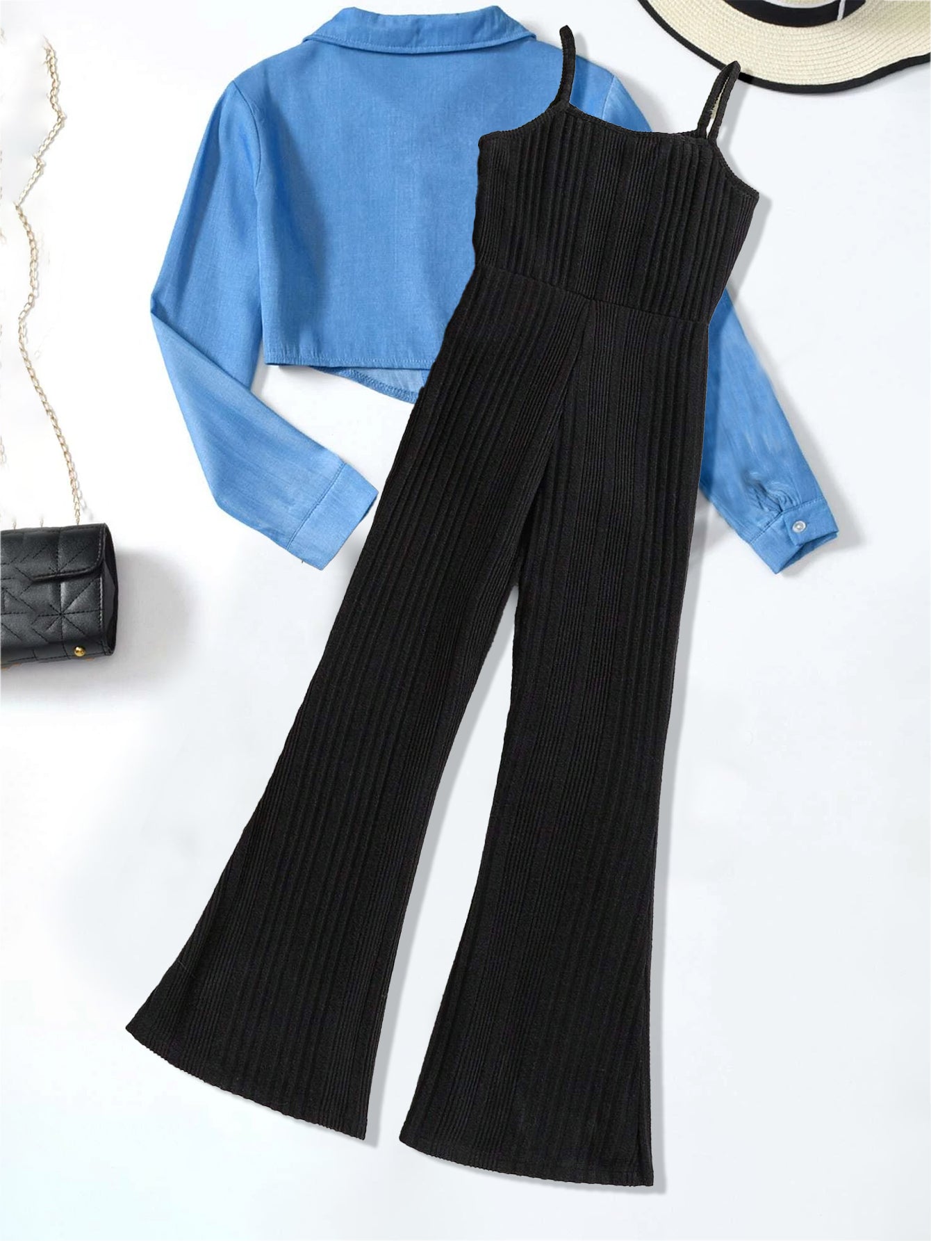 Girls' Blue Button-Up Shirt and Black Ribbed Jumpsuit Set Wholesale