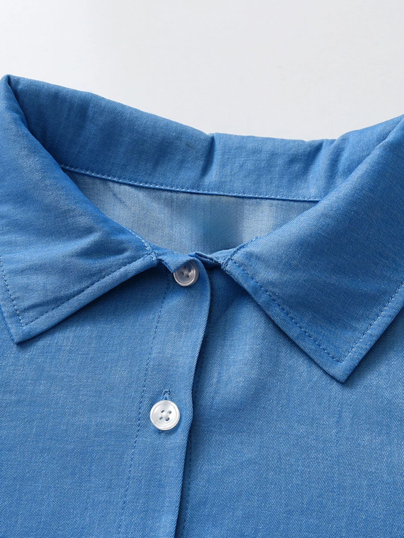 Girls' Blue Button-Up Shirt and Black Ribbed Jumpsuit Set Wholesale