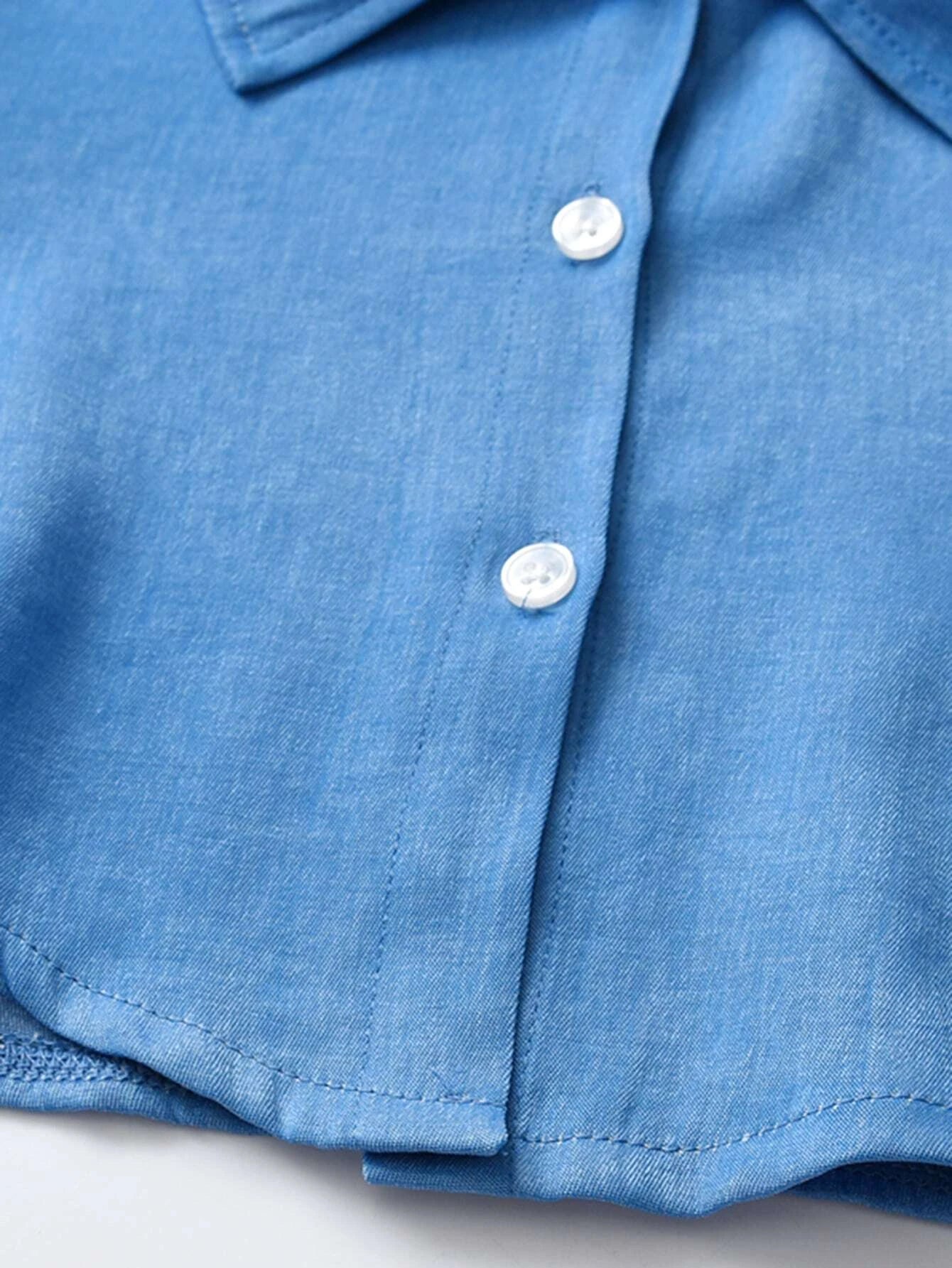 Girls' Blue Button-Up Shirt and Black Ribbed Jumpsuit Set Wholesale
