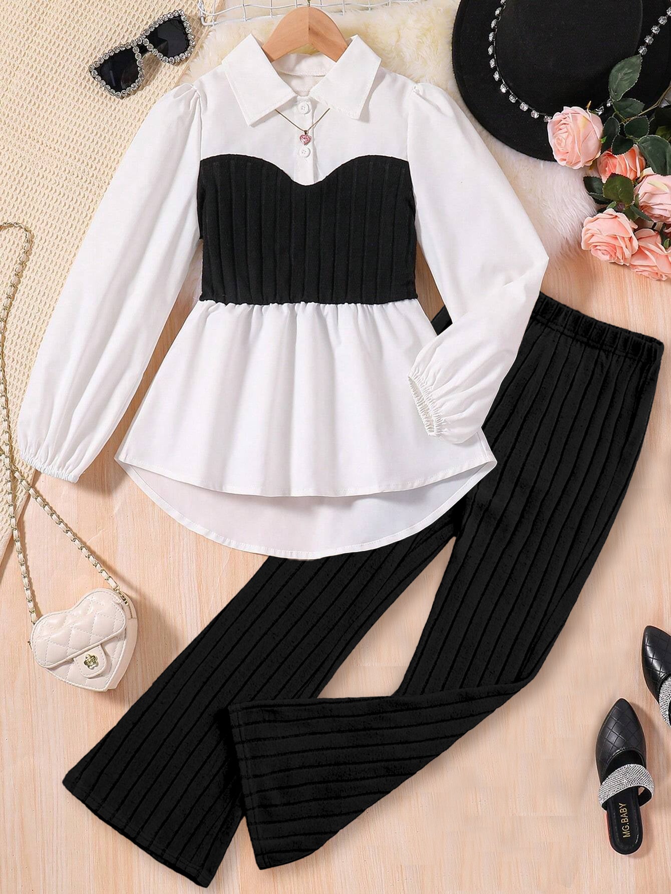 Wholesale Stylish Girls' Black & White Peplum shirt & Ribbed Pants Set