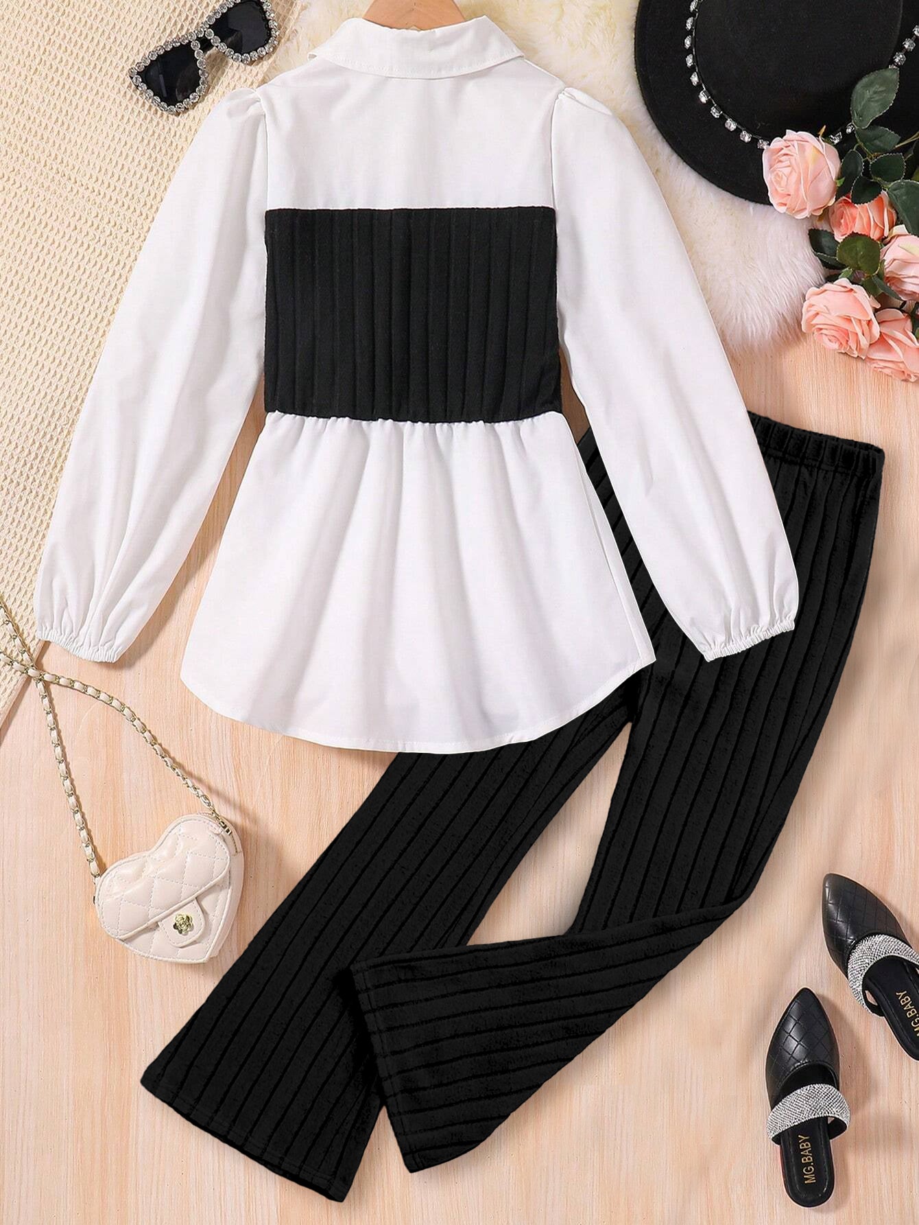 Wholesale Stylish Girls' Black & White Peplum shirt & Ribbed Pants Set