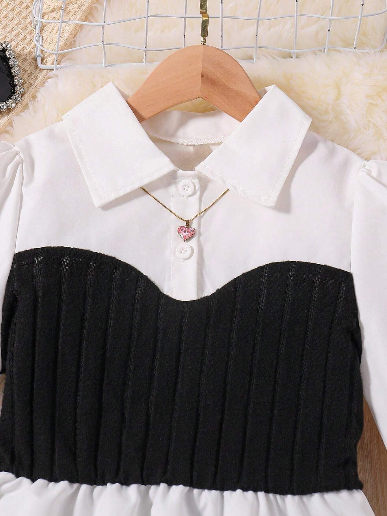 Wholesale Stylish Girls' Black & White Peplum shirt & Ribbed Pants Set