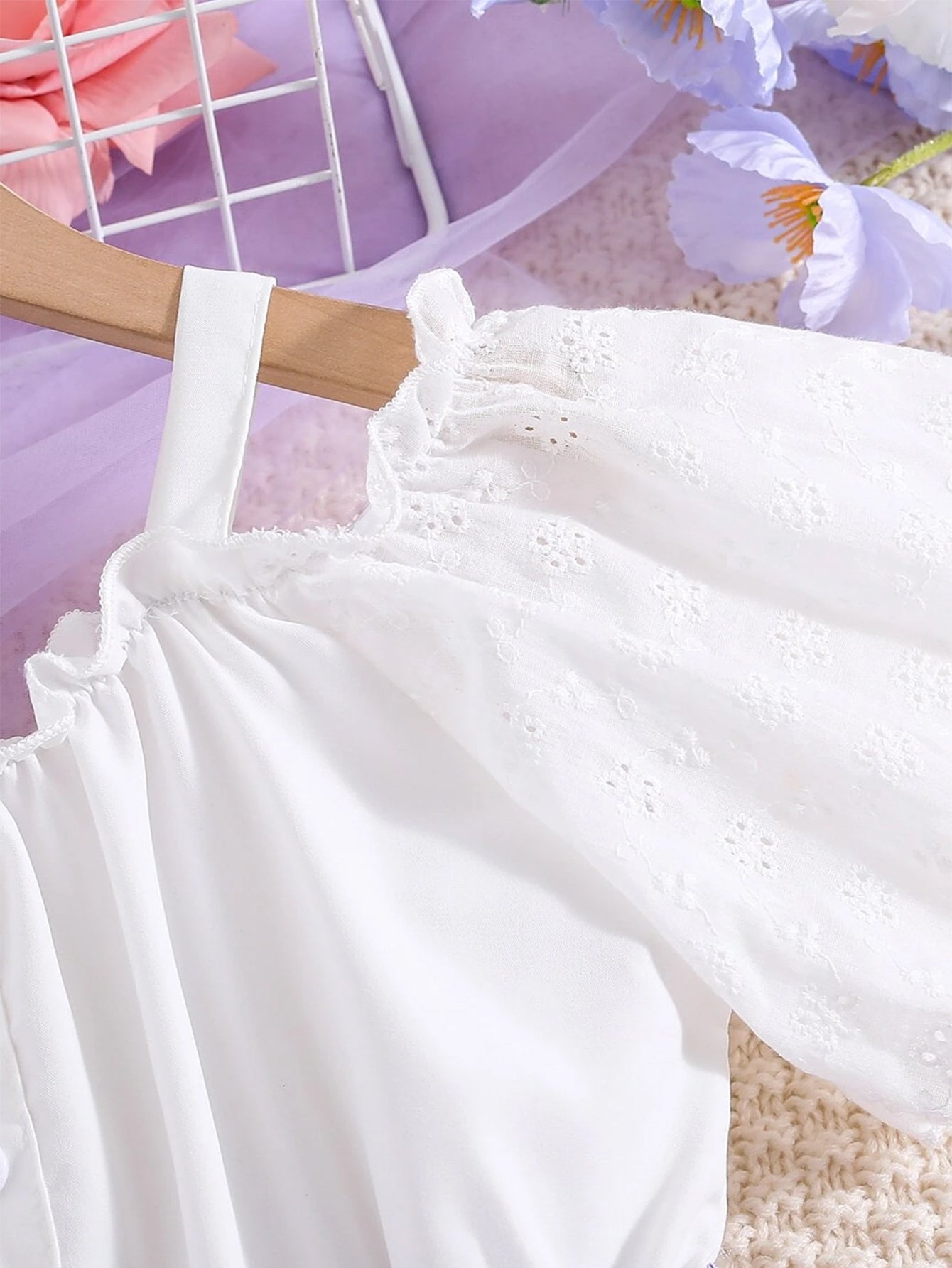 Girls' Off-Shoulder Eyelet Top & Pleated Skirt Set Wholesale