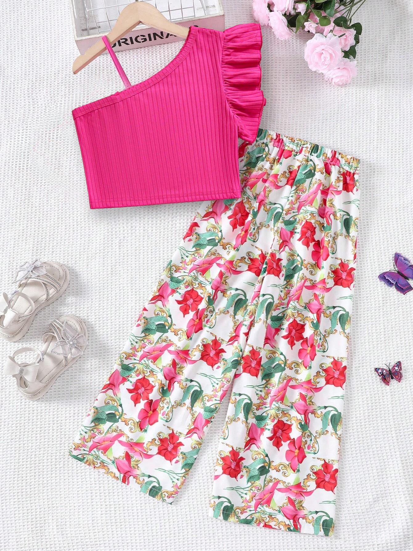 Bright Pink One-Shoulder Top & Floral Wide-Leg Pants Set Wholesale