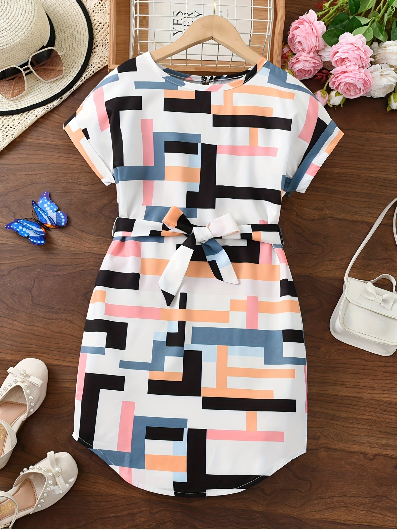 Girls' Geometric Print Belted Tunic Dress Wholesale