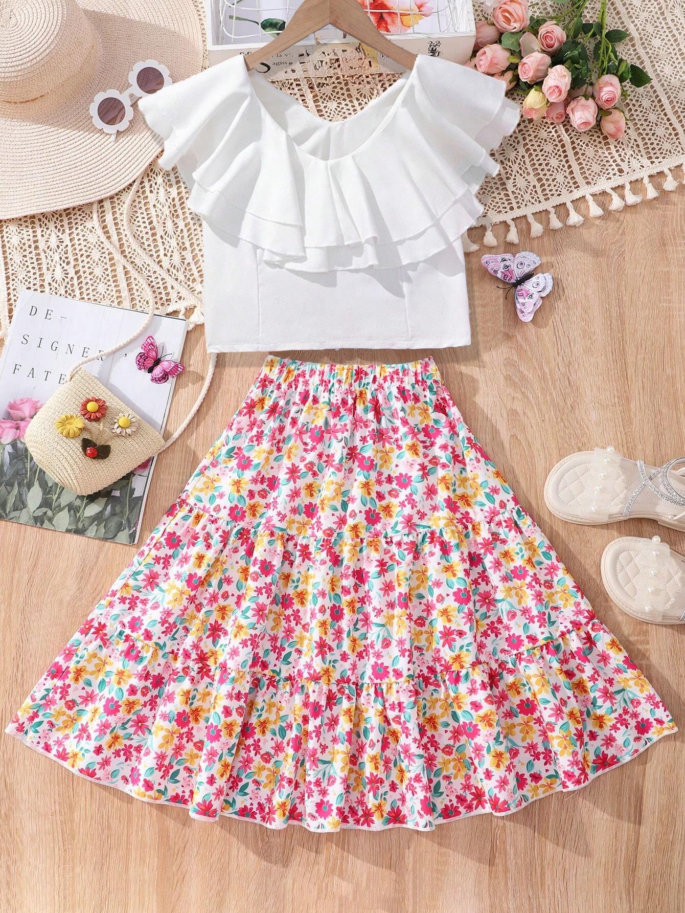 Girls' Ruffled Off-Shoulder Top & Floral Tiered Skirt Set Wholesale