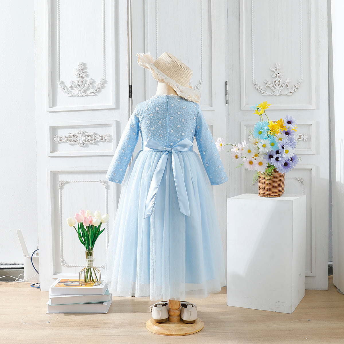 Girls' Blue Tulle Dress with Embroidered Bodice Wholesale
