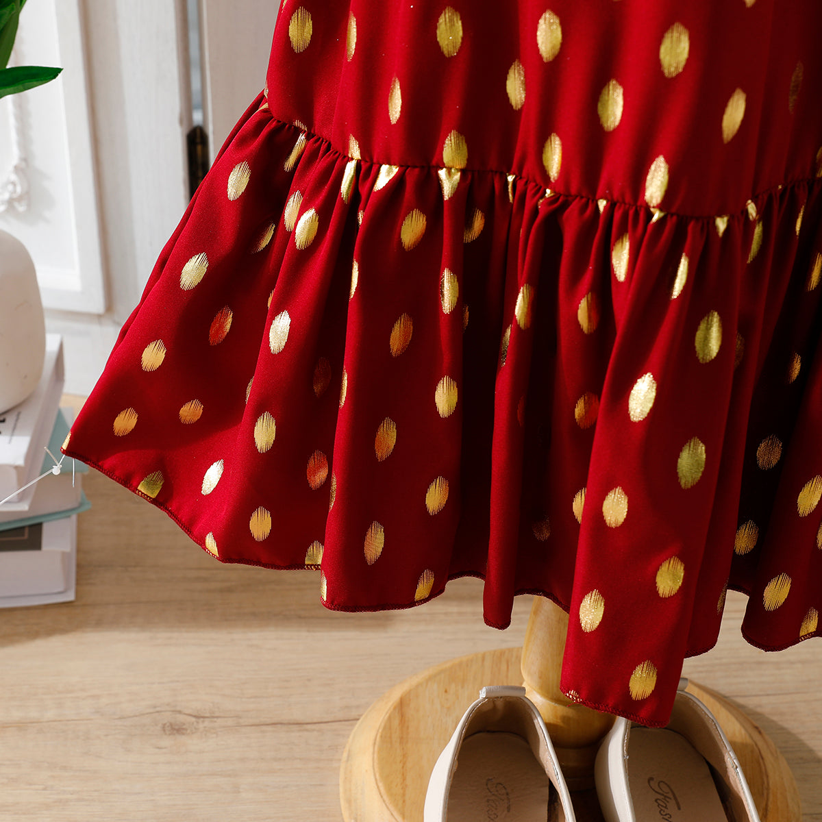 Girls' Burgundy Gold Polka Dot Maxi Dress with Waist Bow Wholesale