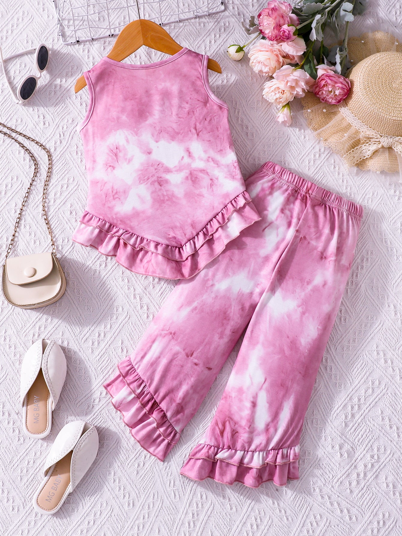 Girls' Pink Tie-Dye Ruffled Tank Top & Wide-Leg Pants Set Wholesale