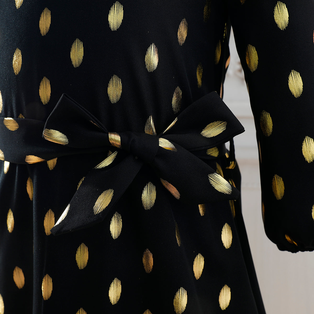 Girls' Black and Gold Polka Dot Maxi Dress with Waist Bow Wholesale
