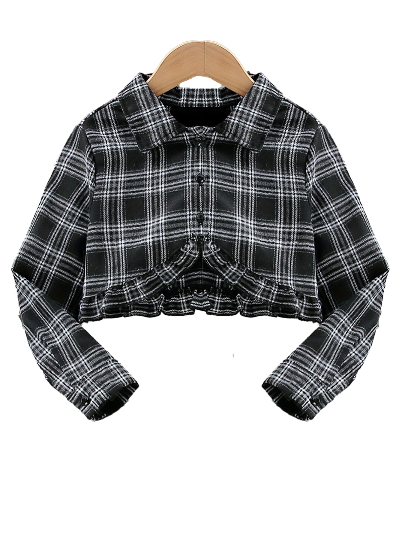Girls' Plaid Crop Shirt and Black Spaghetti Strap Jumpsuit Set Wholesale
