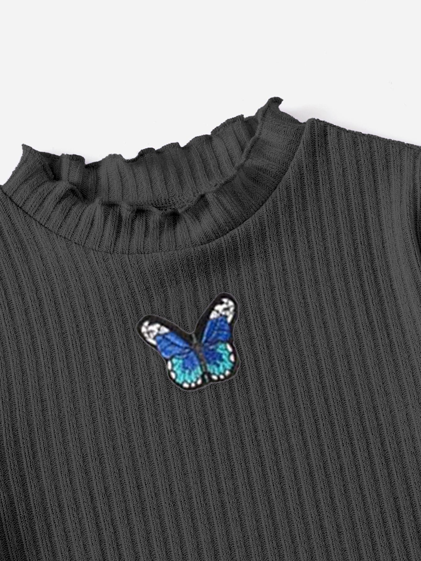 Girls' Elegant Butterfly Embroidered Ribbed Dress Wholesale