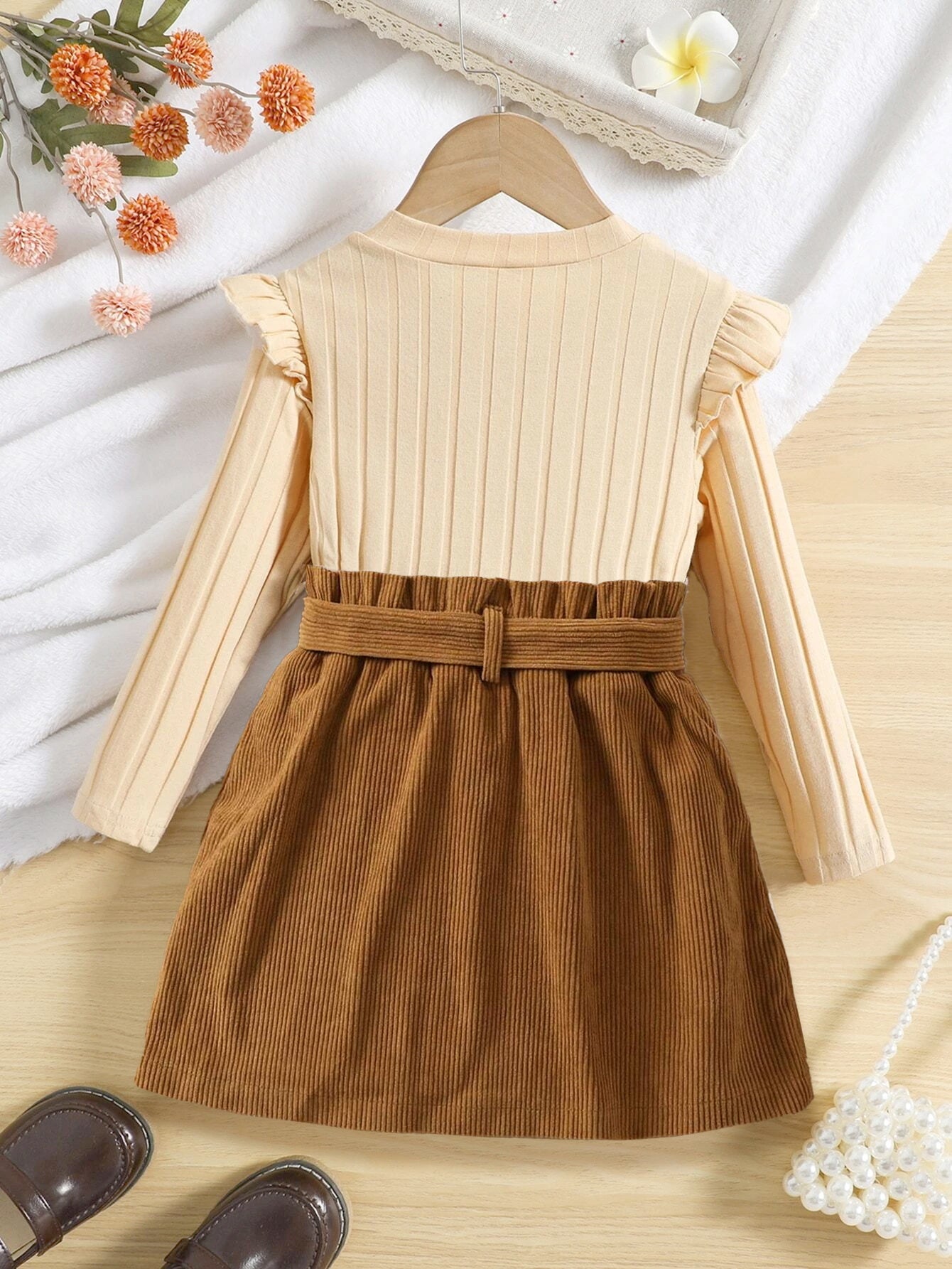 Girls' Ruffle Sleeve Ribbed Top & Corduroy Button Skirt Set Wholesale