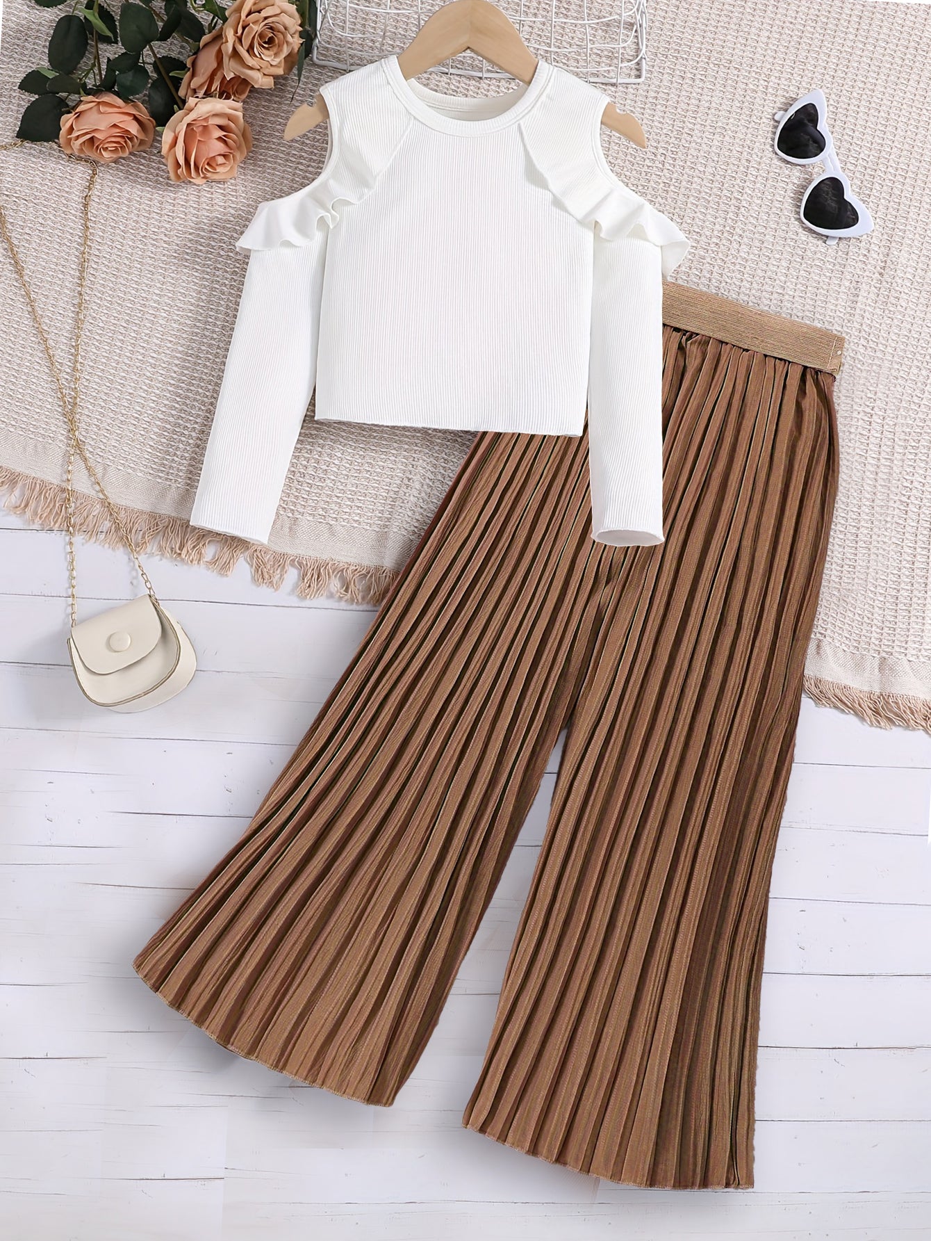 Girl’s Chic Cold-Shoulder Top & Pleated Wide-Leg Pants Set Wholesale
