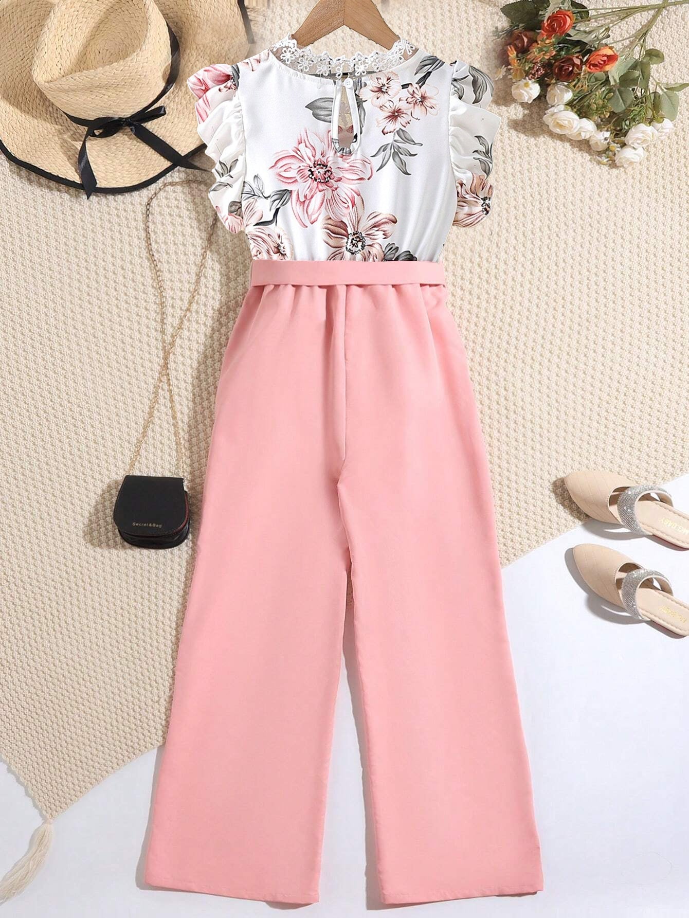 Girls' Floral Lace Top with High-Waisted Pink Pants Set Wholesale