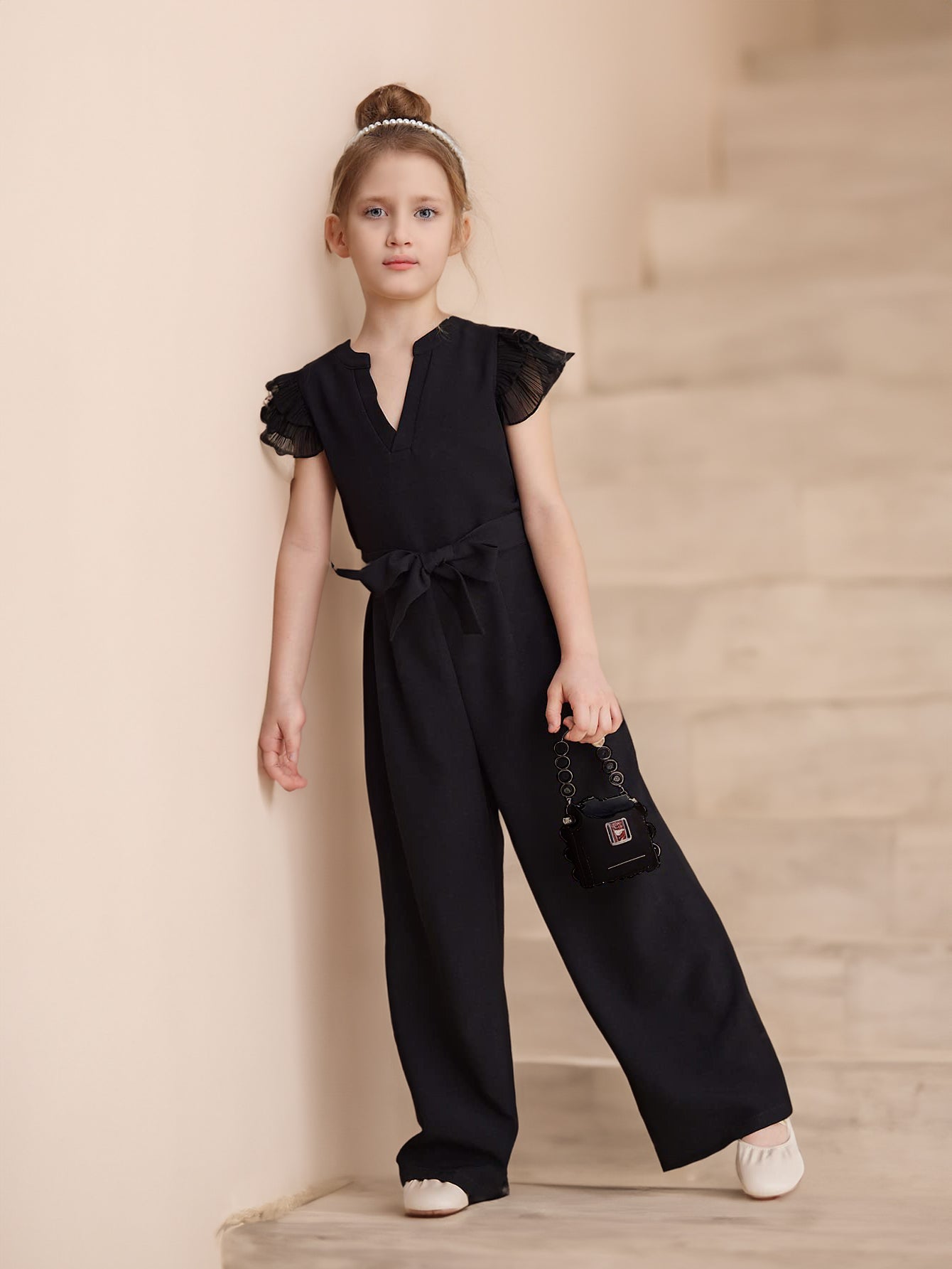 Chic Black Jumpsuit with Ruffle Sleeves for Girls Wholesale