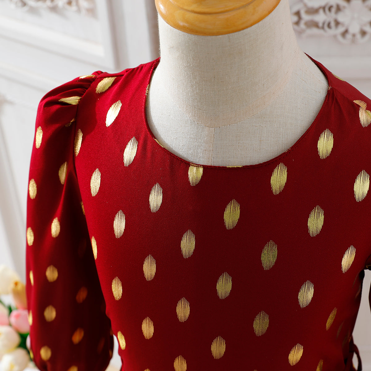 Girls' Burgundy Gold Polka Dot Maxi Dress with Waist Bow Wholesale