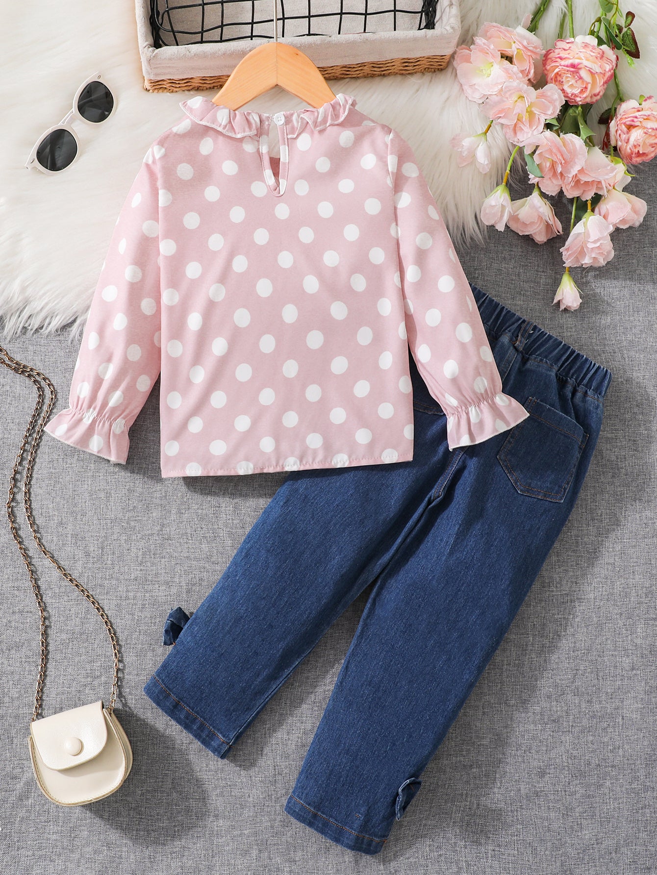 Girls' Polka Dot Ruffle Top & Faux Denim Pants Set Wholesale